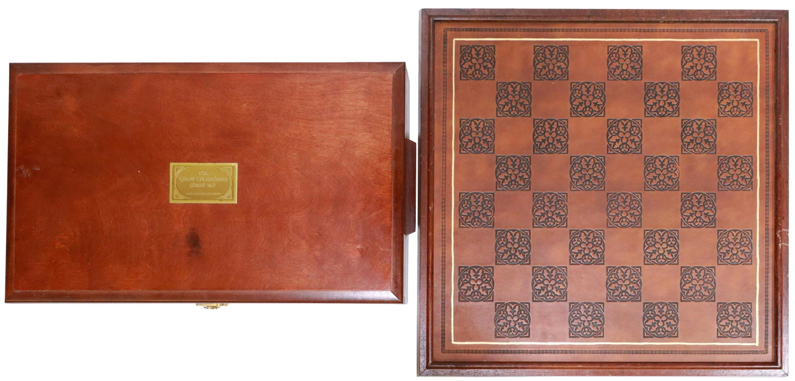 (LOT) FRANKLIN PORCELAIN 'GREAT CRUSADERS' CHESS: (lot) Porcelain "The Great Crusaders" chess set, Franklin Porcelain of the Franklin Mint, copyright 1984, embossed leather board, inset into molded wood frame, accompanied by complete set of biscuit p