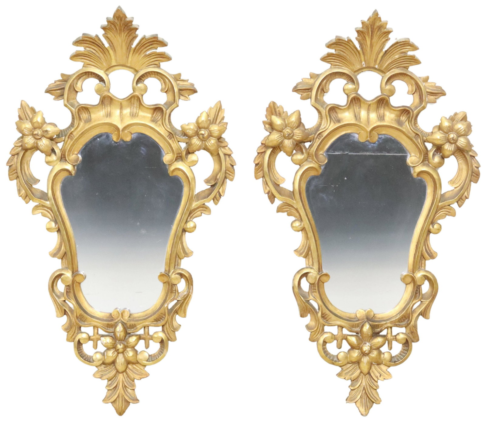 (2) LOUIS XV STYLE GILTWOOD WALL MIRRORS: (pair) Louis XV style giltwood wall mirrors, early 20th c., foliate crest, over shaped frame, encasing flat mirror plate, approx 37.5"h, 21.5"w, 11lbs total Start Price: $250.00