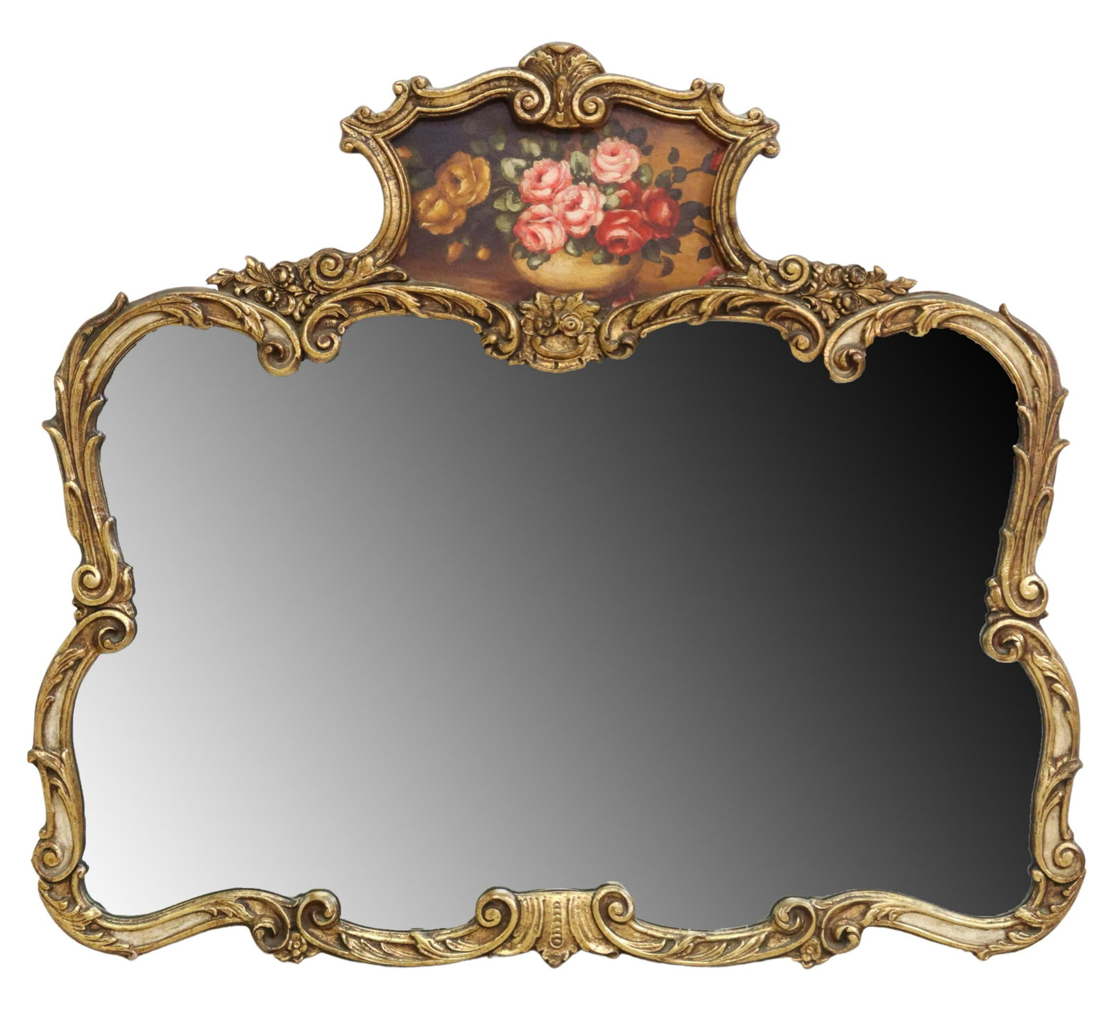 PARCEL GILT & PAINT DECORATED WALL MIRROR: Parcel gilt and paint decorated wall mirror, 20th c., having cartouche crest, with painted floral bouquet, over foliate frame, encasing flat mirror plate, approx 32"h, 36.25"w, 20.5lbs Start Price: $1