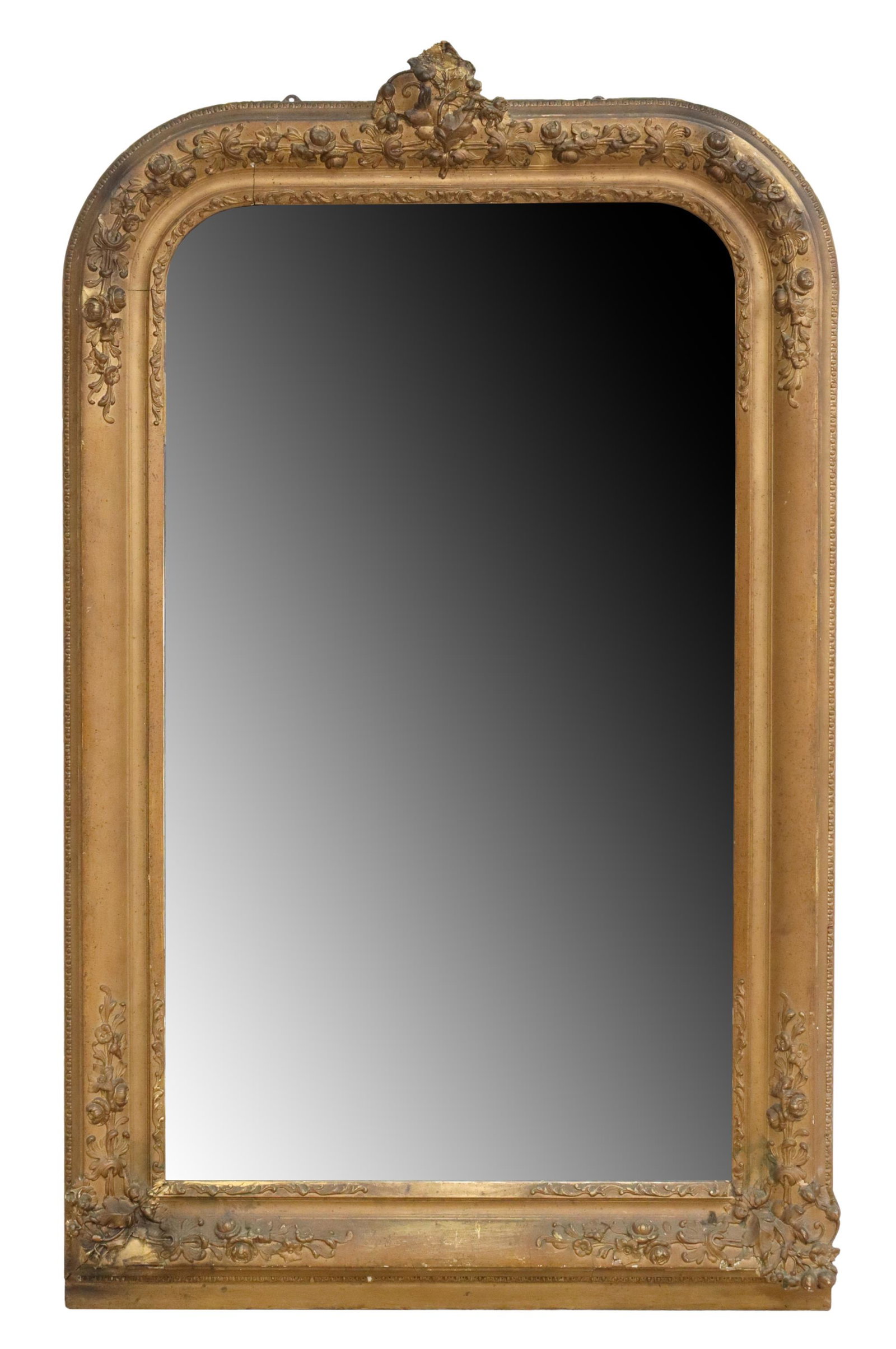 CONTINENTAL GOLD PAINTED FOLIATE WALL MIRROR: Gold painted wood wall mirror, Spain, late 19th/early 20th , having exterior egg and dart trim, with gesso foliate crest and side accents, encasing flat mirror plate, loss and restoration to crest and