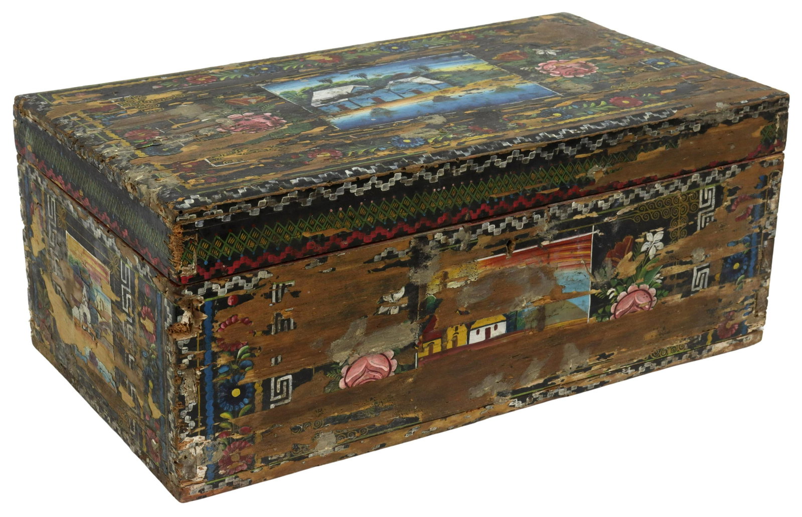 OLINALA, MEXICO LACQUERED WOOD CHEST/ TRUNK: Hand-painted "maque" (lacquer) wood chest/ trunk, Olinala, Guerrero, Mexico, dovetailed and nailed construction, exterior decorated with polychrome flowers, reserves with houses, hinged top, interior 