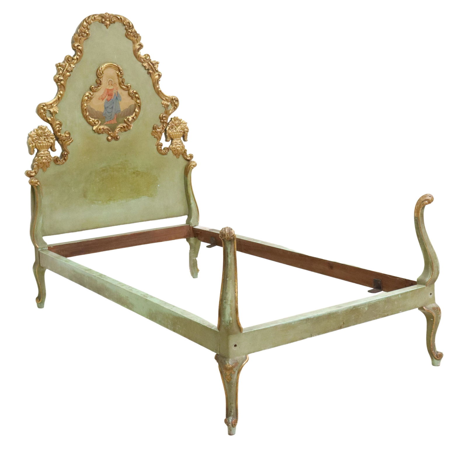 SPANISH PARCEL GILT & PAINTED MADONNA & CHILD BED: Continental parcel gilt and paint decorated bed, Spain, 19th c., foliate shaped headboard, over central reserve with painted Madonna and Child, rising on cabriole legs, ending on whorl feet, some loss