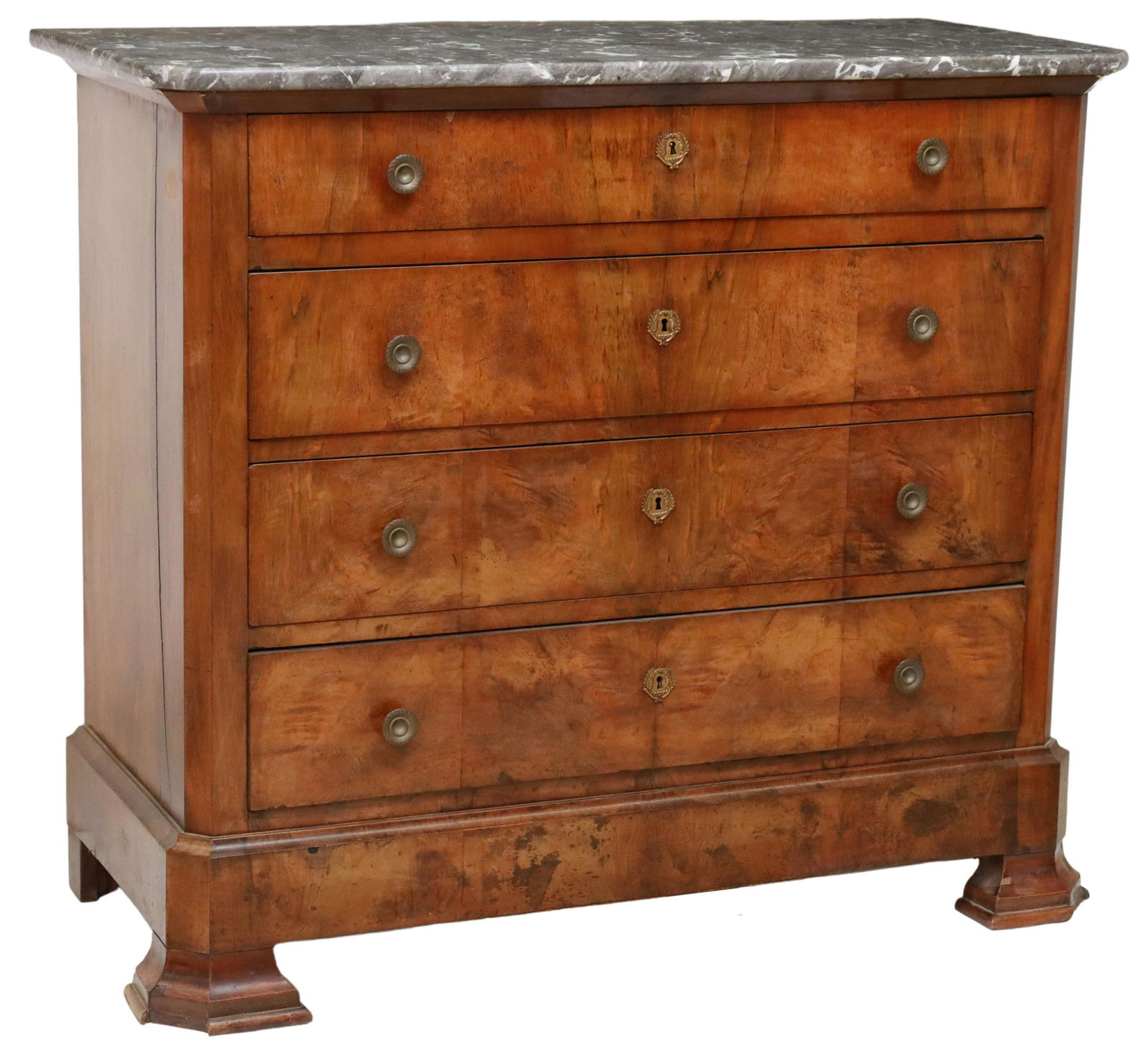 FRENCH LOUIS PHILIPPE MARBLE-TOP WALNUT COMMODE: French Louis Philippe period marble-top walnut commode, mid 19th c., four drawers, rising on bracket feet, separation at side panels, losses to molding at feet, approx 39.25"h, 45.5"w, 20"d Start Pric