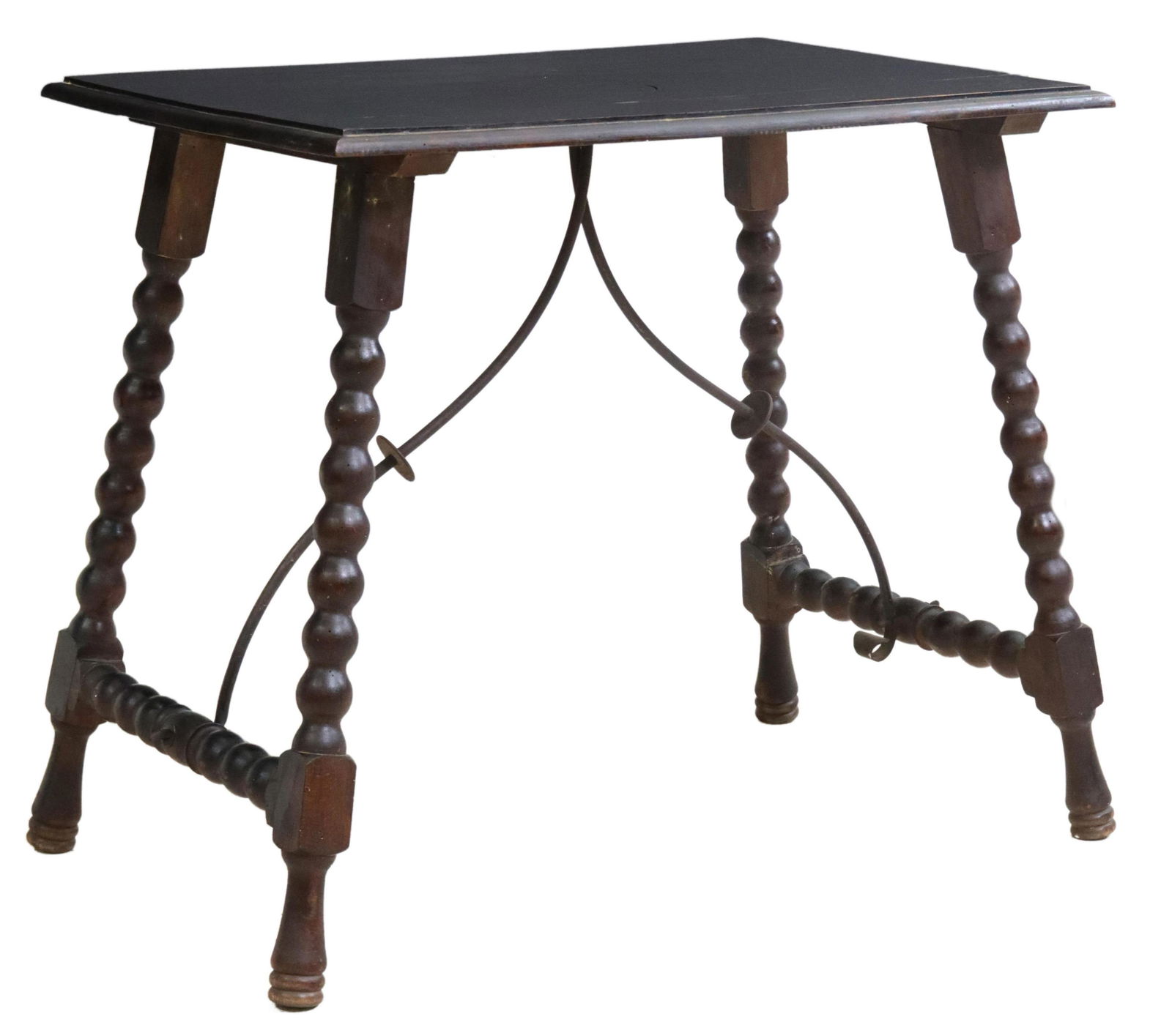 SPANISH BAROQUE STYLE EBONIZED TABLE: Spanish Baroque style ebonized table, late 19th c., rectangular top with molded edge, rising on bobbin turned legs, joined by wrought iron cross stretchers, approx 31.5"h, 37.5"l, 23.5"w Start Price: