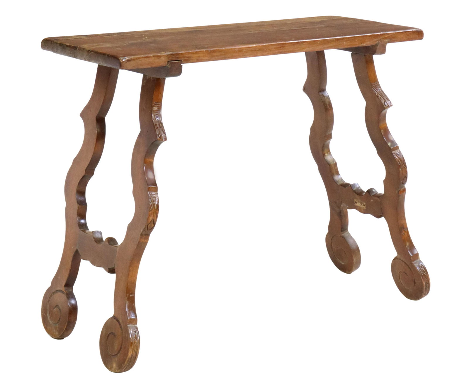 SPANISH BAROQUE STYLE CONSOLE TABLE: Spanish Baroque style console table, 19th c., having rectangular top, over foliate carved ox yoke supports, ending on scrolled feet, wear to varnish at top, approx 28"h, 34.75"w, 13.75"d Start Price: 