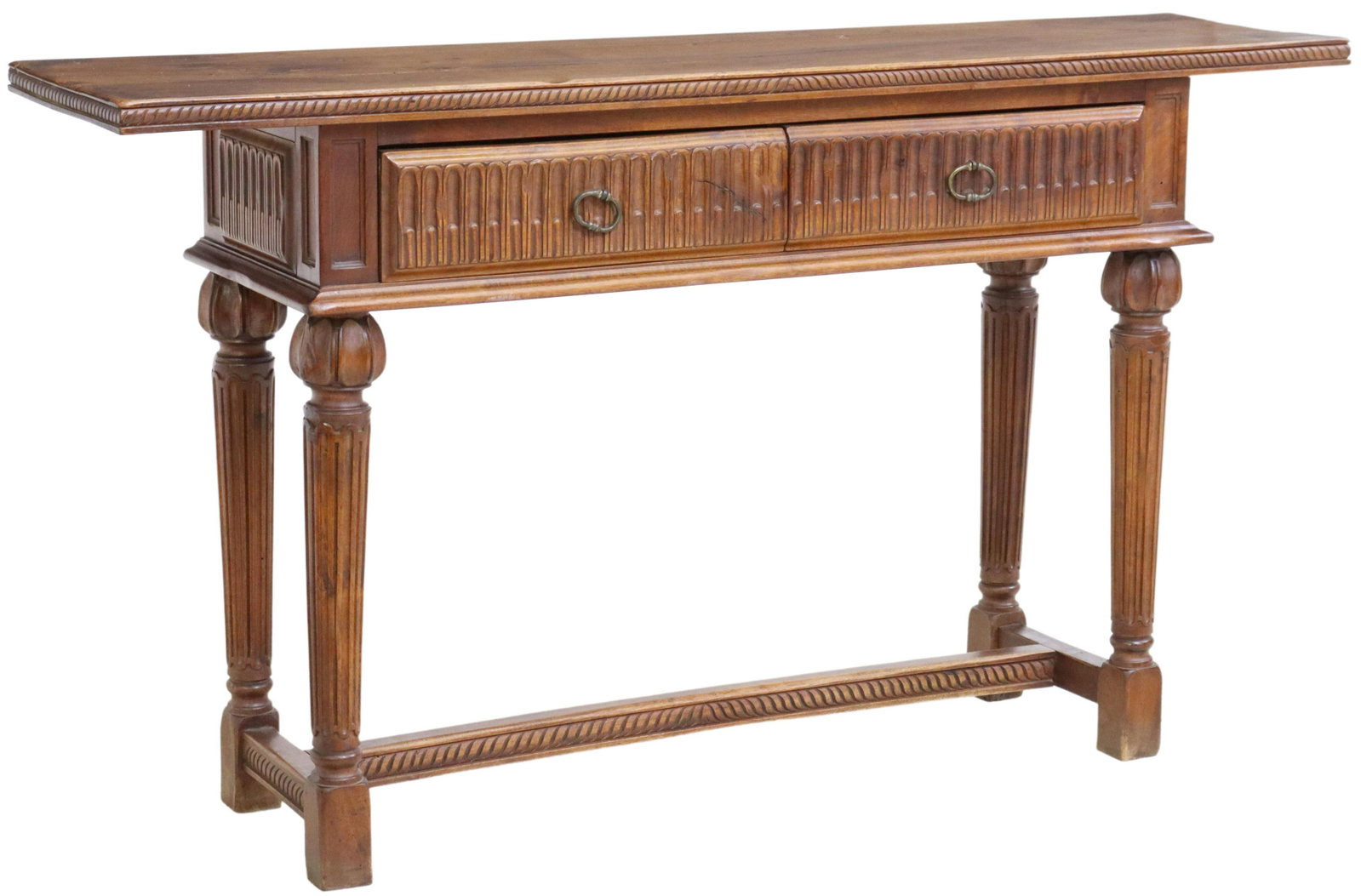 SPANISH BAROQUE STYLE WALNUT CONSOLE TABLE: Spanish Baroque style walnut console table, 20th c., two frieze drawers, rising on fluted legs, joined by H stretcher, separation between top boards, approx 31.5"h, 55.25"w, 13.5"d Start Price: $250.0