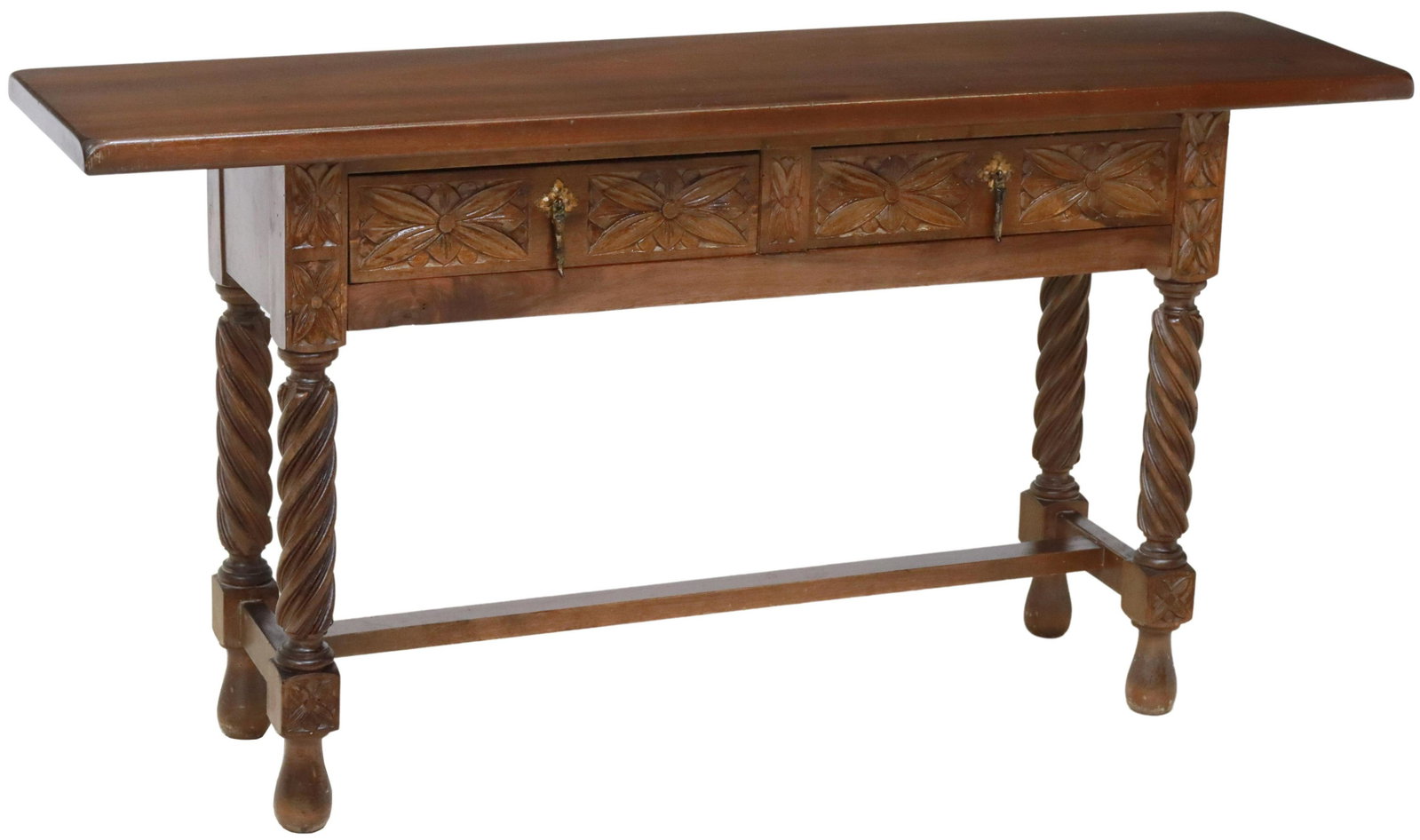 SPANISH BAROQUE STYLE WALNUT CONSOLE TABLE: Spanish Baroque style walnut console table, 20th c., two frieze drawers, rising on twist legs, joined by H stretcher, approx 27.25"h, 53.25"w, 13.5"d Start Price: $250.00