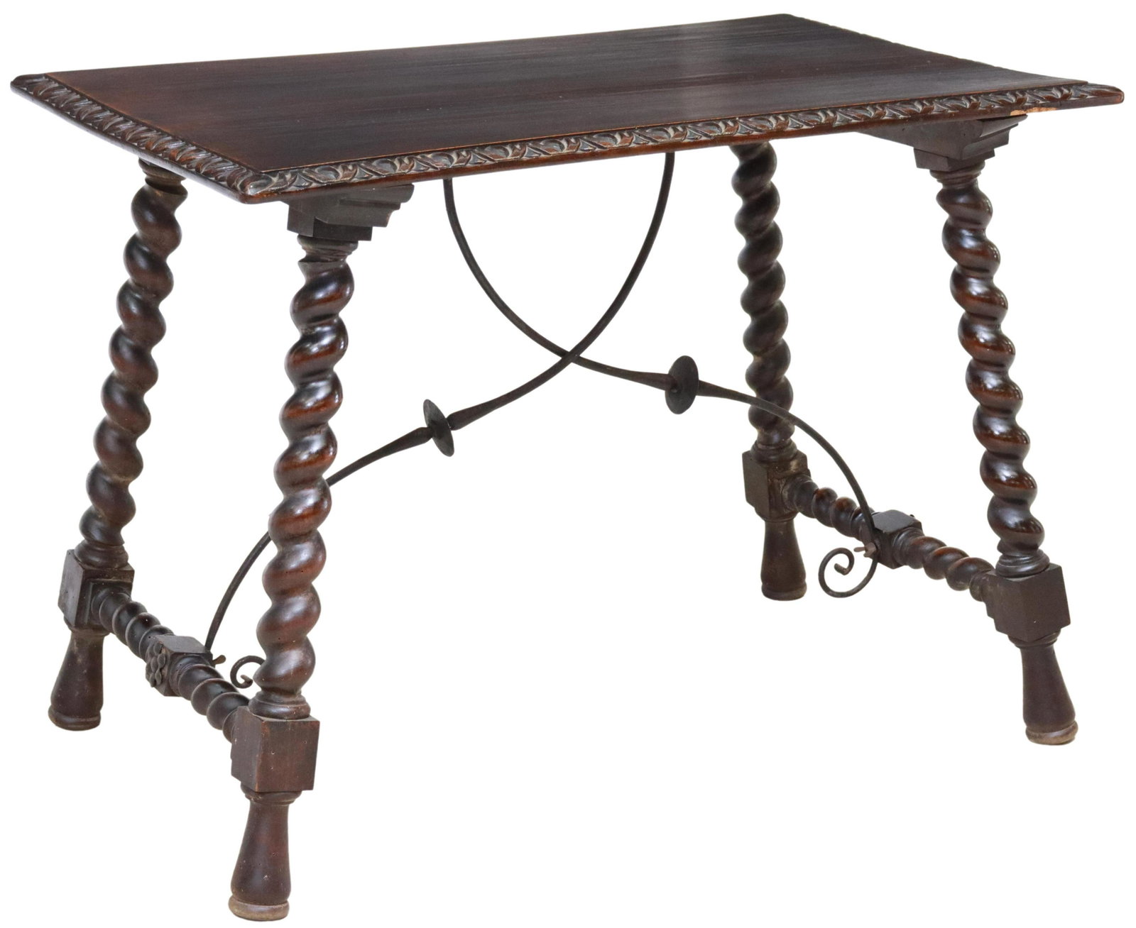 SPANISH BAROQUE STYLE IRON CROSS STRETCHER TABLE: Spanish Baroque style table, 19th c., carved egg and dart border, rising on spiral legs, joined with iron cross stretcher, ending on tapered feet, approx 29.5"h, 39.75"l, 25"w Start Price: $250.00