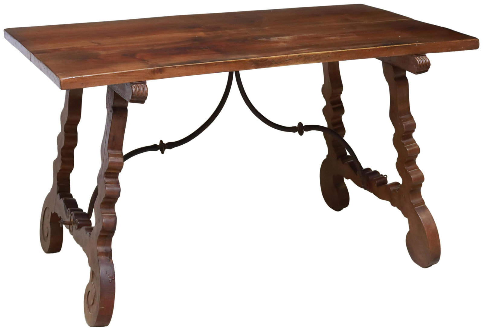 SPANISH BAROQUE STYLE WALNUT TABLE: Spanish Baroque style walnut table, 19th/ 20th c., having two-board top, rising on ox yoke supports, joined with iron cross stretcher, approx 29"h, 49.25"l, 29.5"w Start Price: $200.00