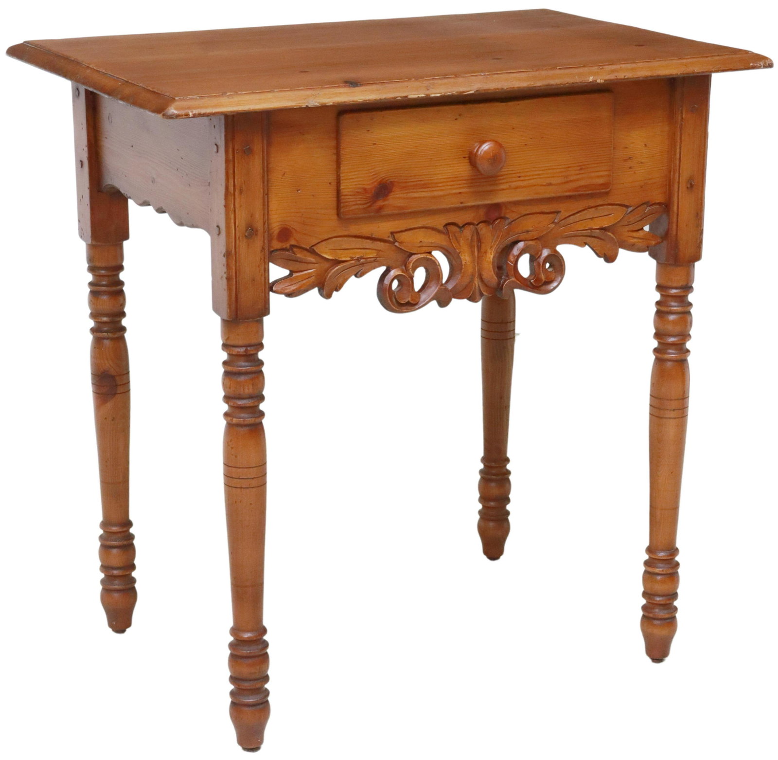 SPANISH BAROQUE STYLE CARVED PINE TABLE: Spanish Baroque style pine table, early 20th c., single frieze drawer, apron with carved foliate scrolls, rising on turned legs, approx 29.5"h, 29.25"w, 19.5"d Start Price: $200.00