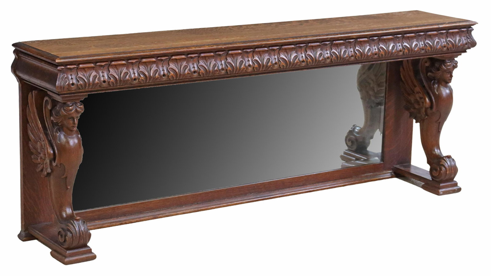 AMERICAN OAK BACK BAR, MANNER OF RJ HORNER: American oak back bar, in the manner of RJ Horner (Robert J. Horner, American,1886-1913), early 20th c., rectangular top, with acanthus border, over beveled mirror back plate, rising on winged caryati
