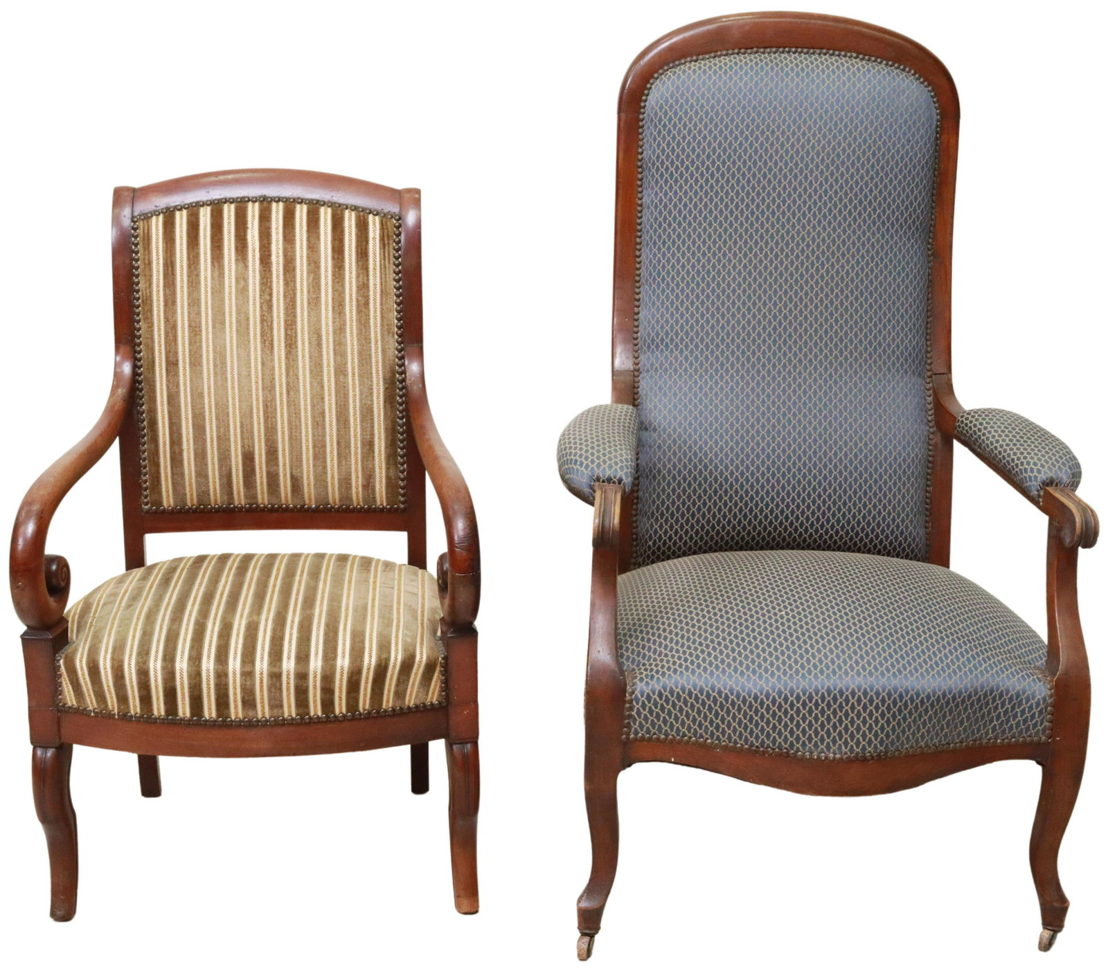 (2) FRENCH LOUIS PHILIPPE PERIOD FAUTEUILS: (lot of 2) French Louis Philippe period upholstered armchairs, mid 19th c., including: (1) Voltaire highback armchair, having padded arms, nailhead trim, scrolled handholds, rising on cabriole legs, e