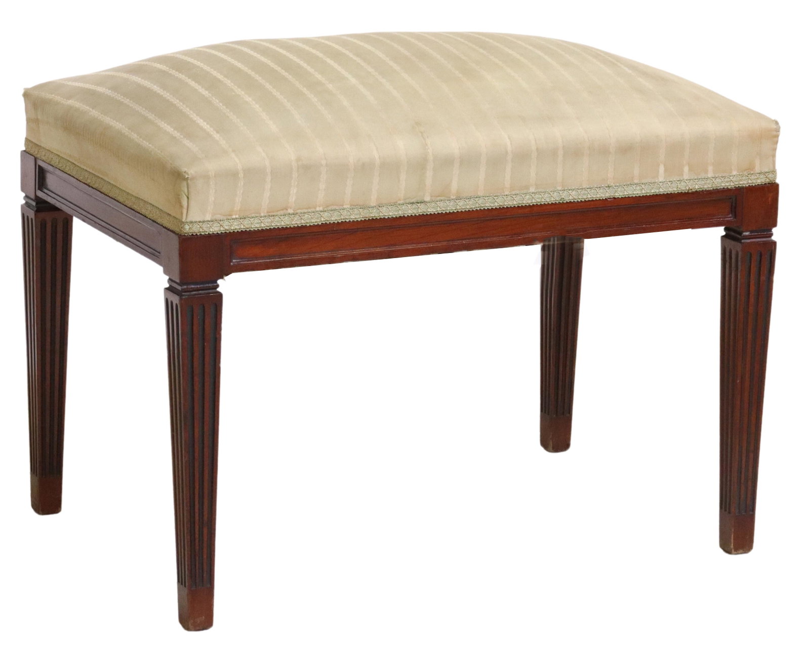 NEOCLASSICAL STYLE UPHOLSTERED MAHOGANY FOOTSTOOL: Neoclassical style mahogany footstool, early 20th c., upholstered seat, rising on tapered and fluted legs, approx 18"h, 23.5"w, 15.75"d Start Price: $80.00