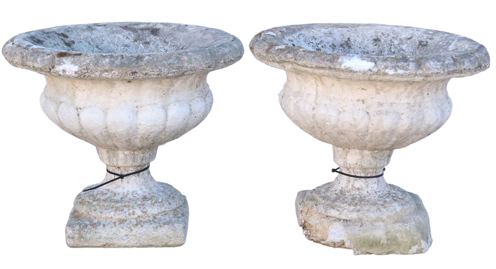 (2) CAST STONE MELON-RIBBED GARDEN URN PLANTERS: (pair) Cast stone melon rib garden urns, having flared rim, over melon ribbed body, rising on square base, (one) with loss to base, approx 20.5"h, 15.5"diam **PLEASE NOTE: All of the cast stone and ga