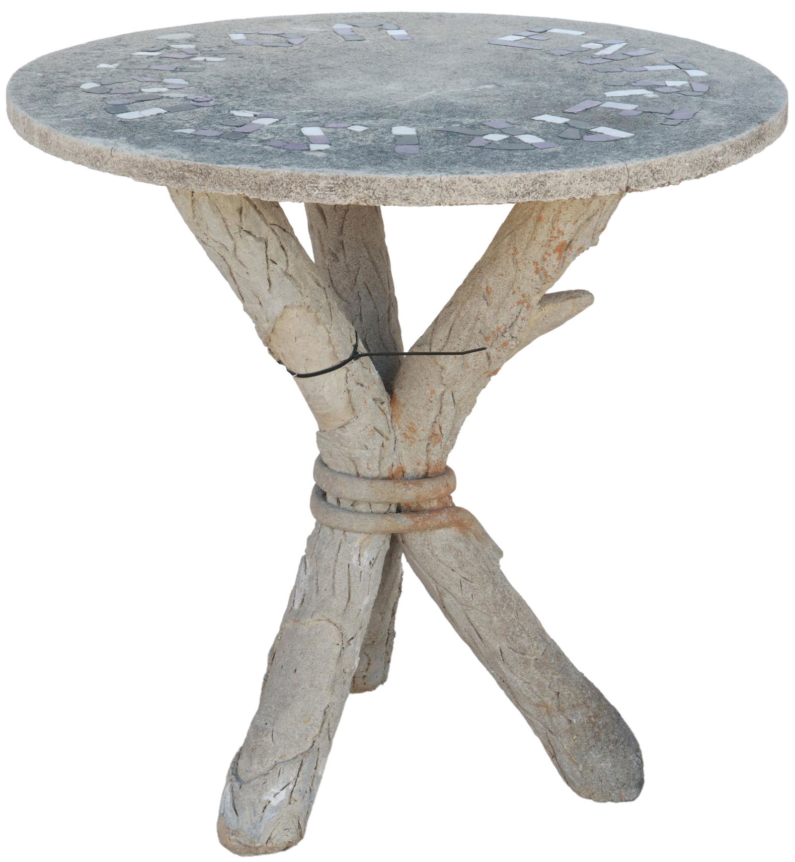 FAUX BOIS PATIO TABLE 'ENTREPRISE DOIRON' MOSAIC: Faux bois patio table, round top with purple, black and white mosaic "Entreprise Doiron," over tree branch form base, approx 32.75"h, 33.75"diam **PLEASE NOTE: All of the cast stone and garden pieces