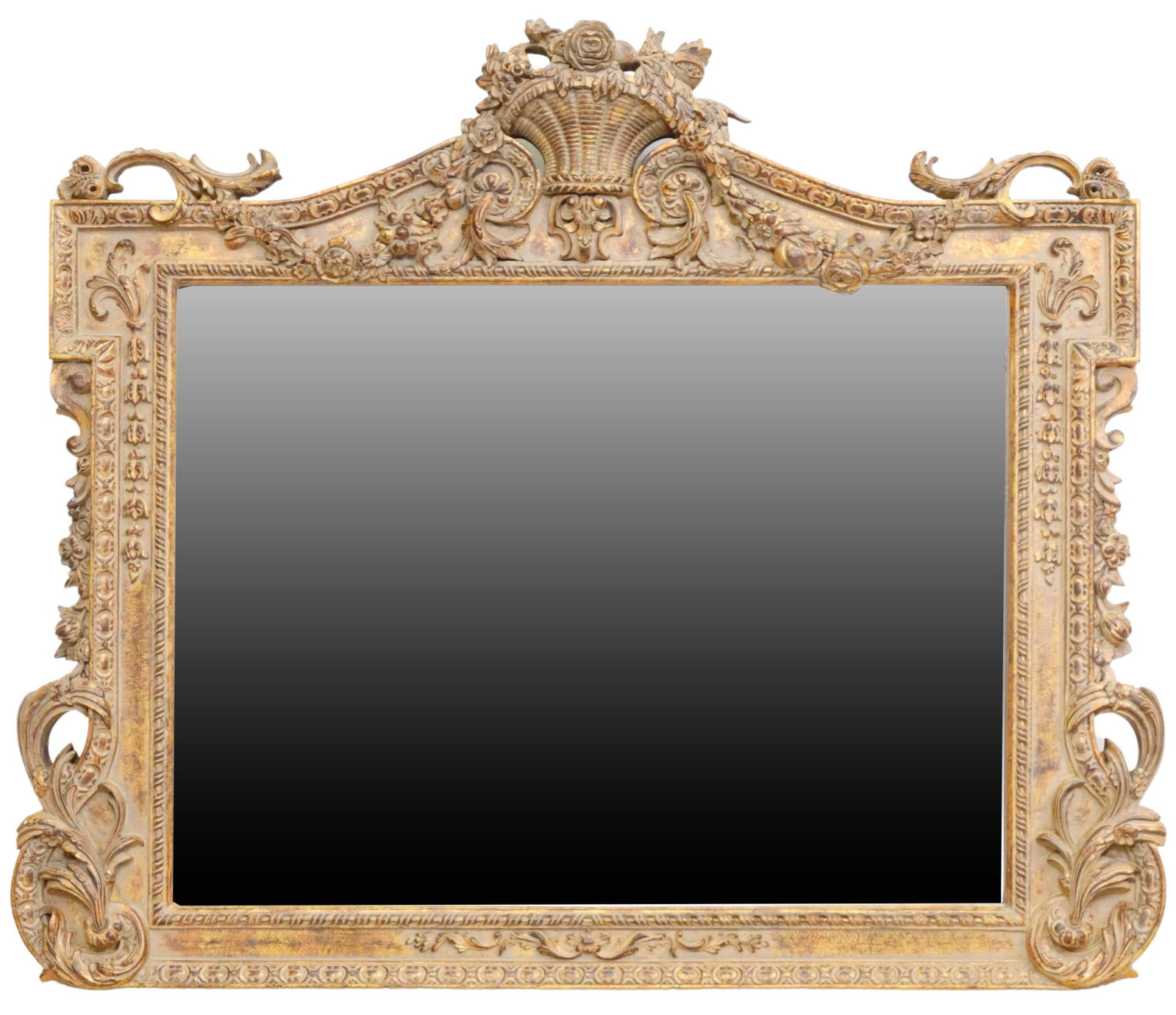 AMBIENCE DECORATIVE CAST GILT-PAINTED WALL MIRROR: Decorative cast gilt-painted wall mirror, Ambience, 20th c., basket crest issuing foliates and fruits, over shaped frame, encasing flat mirror plate, 46"h, 54.25"w, 45.5lbs Start Price: $150.00