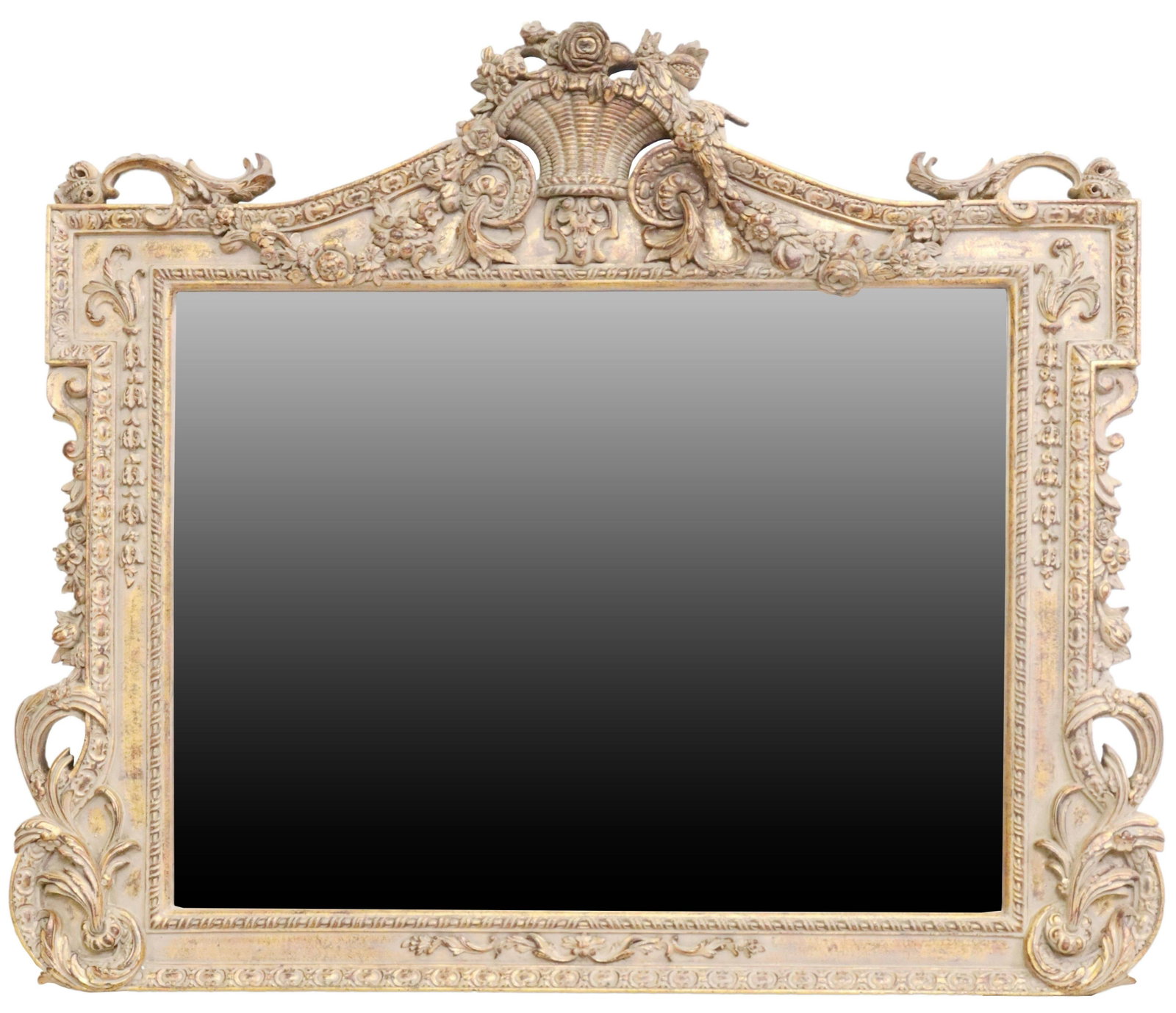 AMBIENCE DECORATIVE CAST GILT-PAINTED WALL MIRROR: Decorative cast gilt-painted wall mirror, Ambience, 20th c., basket crest issuing foliates and fruits, over shaped frame, encasing flat mirror plate, 46"h, 54.25"w, 45.5lbs Start Price: $150.00