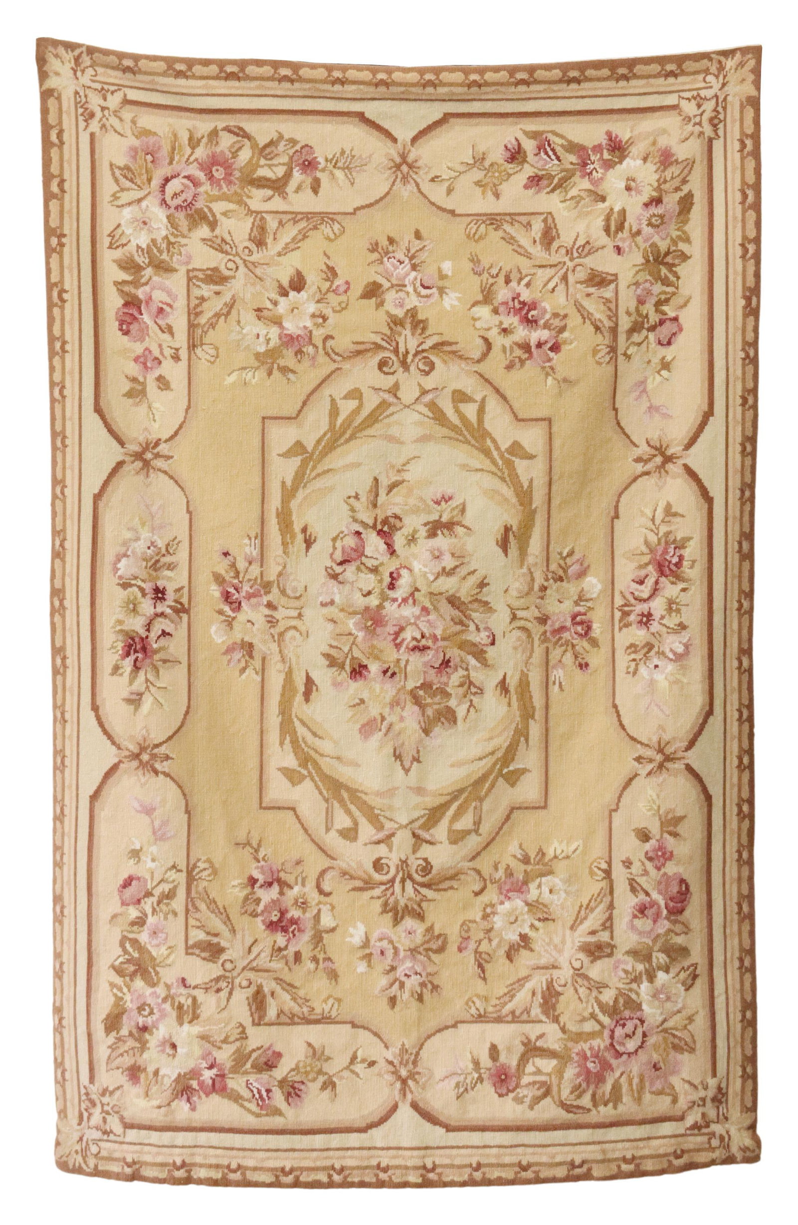 PORTUGUESE NEEDLEPOINT RUG IN THE AUBUSSON STYLE: Portuguese needlepoint rug/ wall hanging, in the Aubusson Style, fabric lined back, approx 67"l, 43.25"w, 5.5lbs Start Price: $100.00