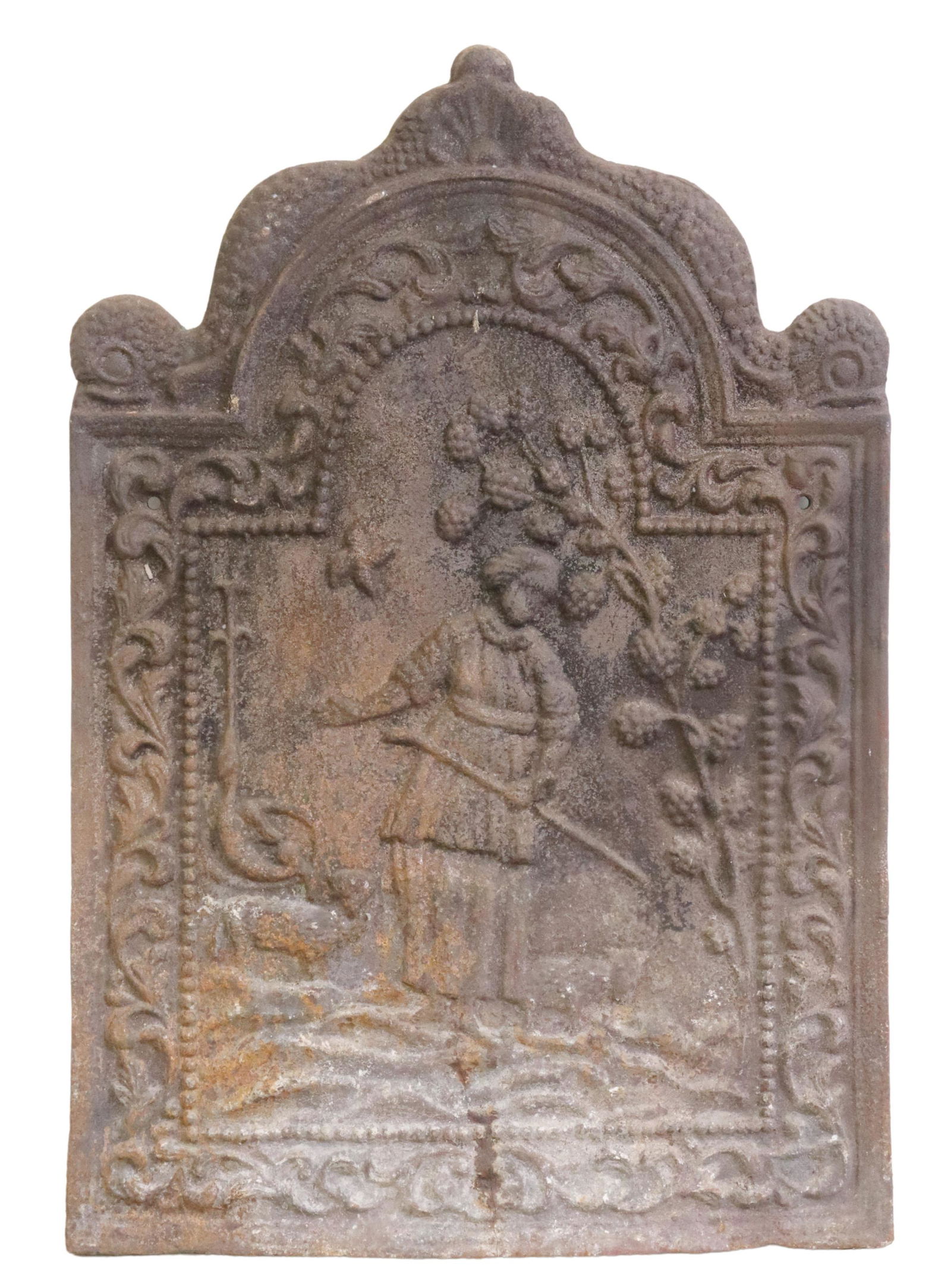 FRENCH CAST IRON FIGURAL FIREBACK PANEL, 19TH C.: French cast iron fireback panel, 19th c., French dolphin crest, over foliate border, centering pastoral scene with shepherdess and flock, oxidized, stable hairline at bottom center, approx 28.25"h, 18