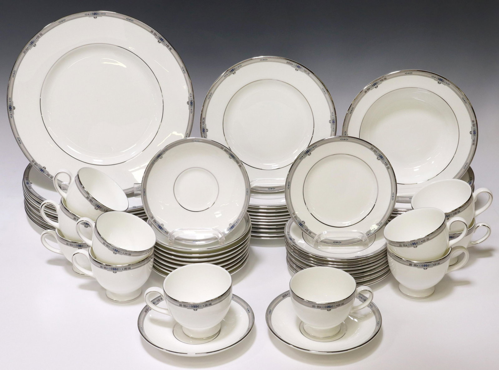 (66) WEDGWOOD AMHERST PLATINUM TRIM CHINA SERVICE: (lot of 66) English Wedgwood bone china partial dinner service, in the "Amherst" pattern, having platinum trim, including: (10) dinner plates, approx 10.75"diam, (11) salad plates, approx 8 1/8"diam, 