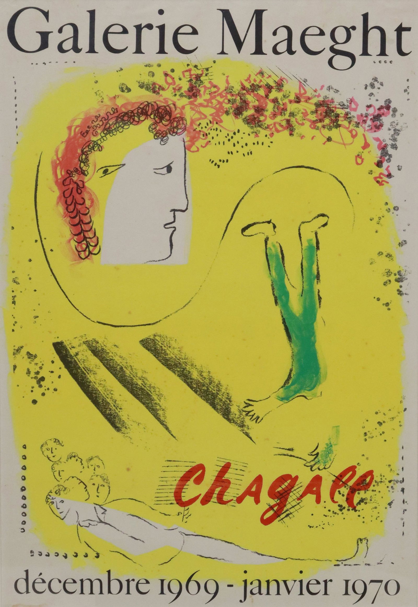 MARC CHAGALL GALERIE MAEGHT LITHOGRAPH POSTER: Framed lithograph on paper, "The Yellow Background," signed in the stone lower right Chagall (Marc [Moishe Shagal] Chagall, 1887-1985), poster for his 1969-1970 show at Galerie Maeght, Paris, sight: a