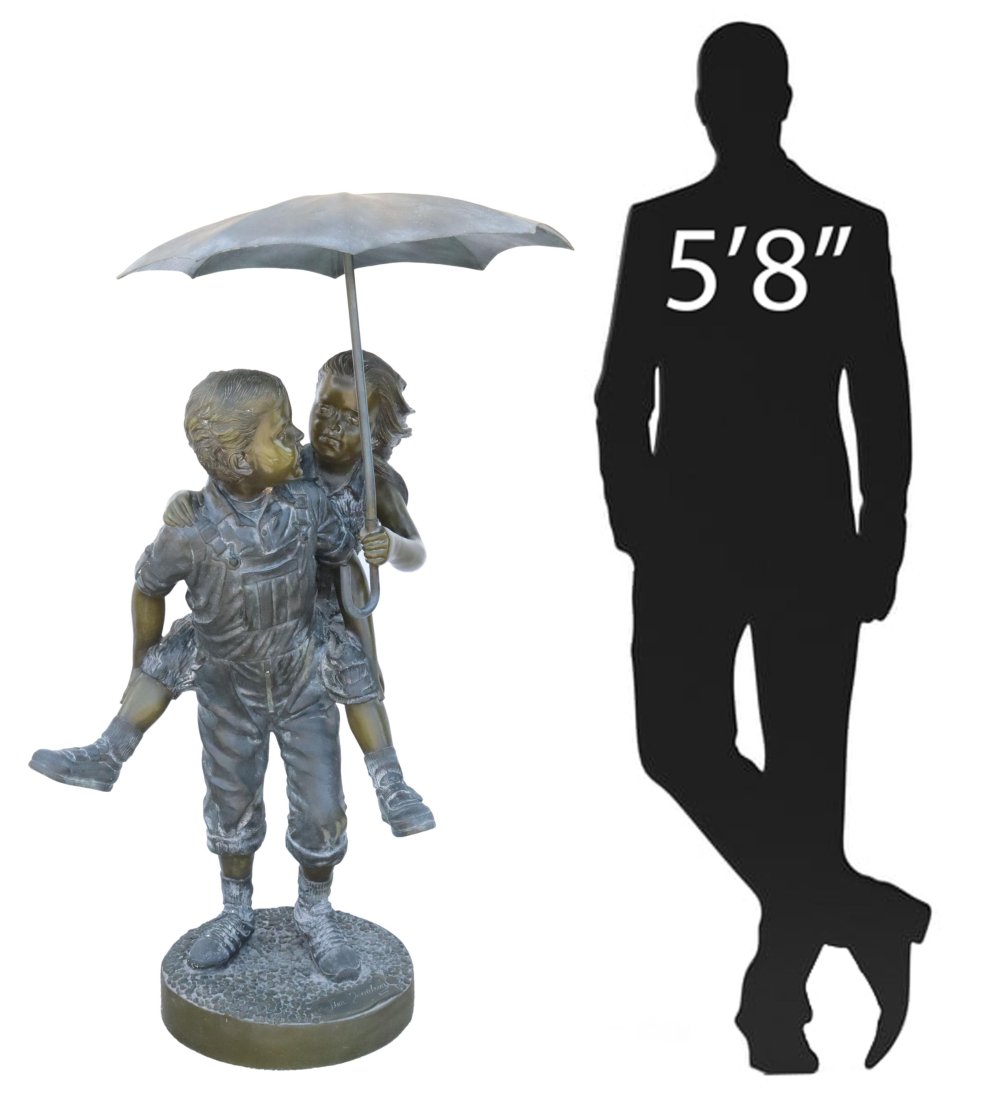 LIFE-SIZE BRONZE FIGURAL GARDEN FOUNTAIN: Life-size patinated bronze sculptural fountain, Children in the Rain, signed in cast Jim Davidson, with Jim Davidson foundry stamp, approx 56"h, 30"w, 35"d