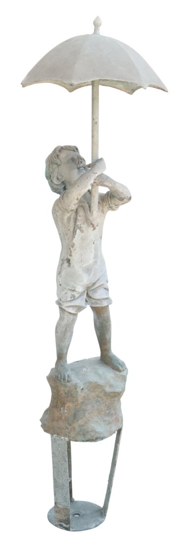 BRONZE GARDEN SCULPTURE BOY HOLDING UMBRELLA: Patinated bronze garden sculpture, 20th c., modeled as a boy holding an umbrella, standing on an integral base, approx 47"h, 13"w