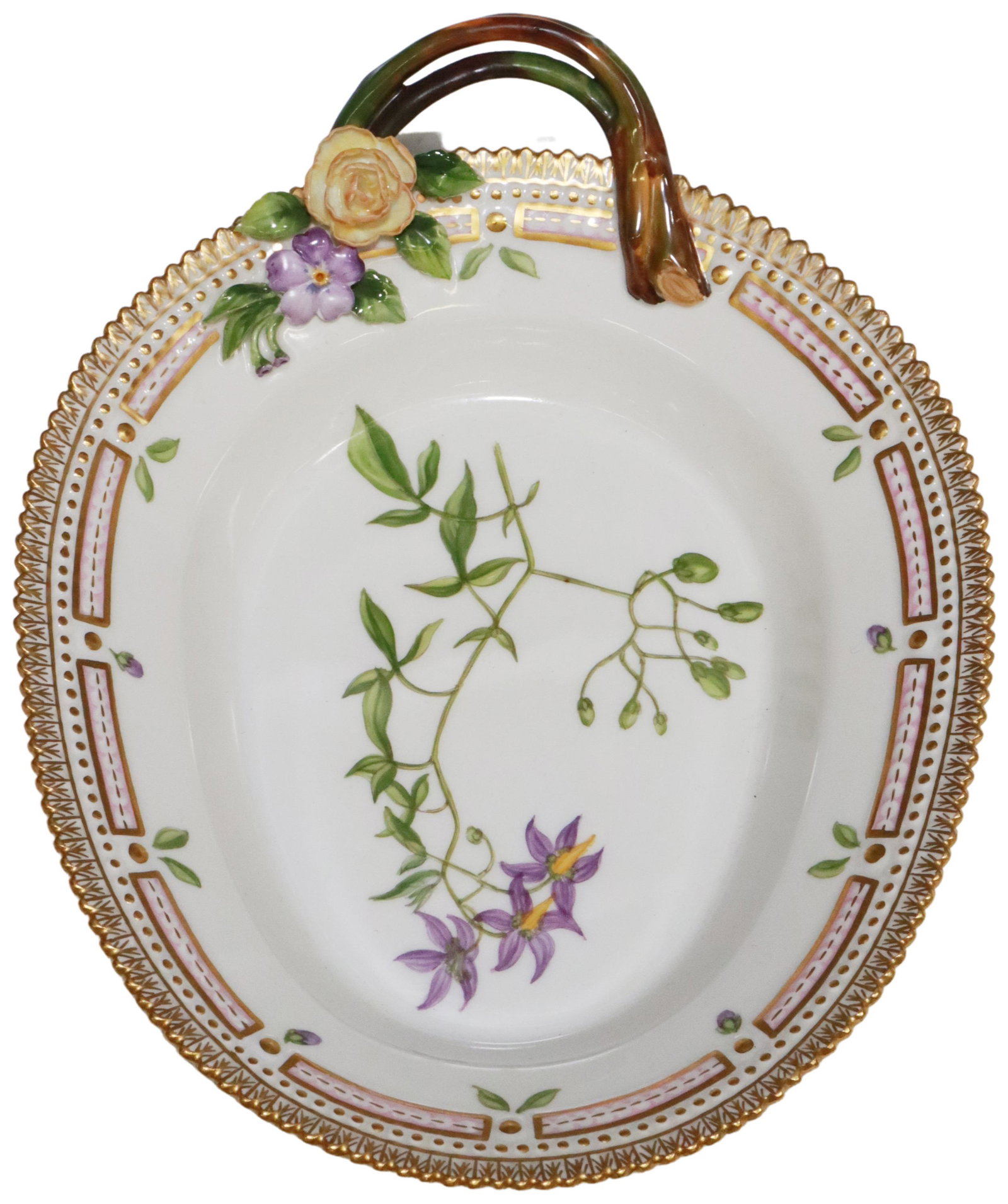 ROYAL COPENHAGEN 'FLORA DANICA' HANDLED OVAL BOWL: Royal Copenhagen "Flora Danica" porcelain oval handled pickle/ accent dish, c.1963, "Solanum Dulcamara L.," painter's initials HM, bar below letter 'O' in Copenhagen, approx 8.75"l, 6.75"w, 0.75lbs St