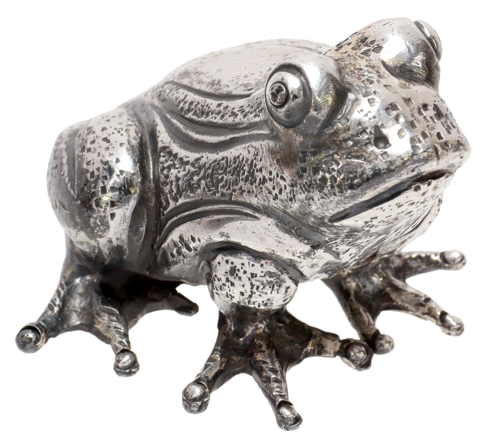 ITALIAN BUCCELLATI STERLING SILVER FROG FIGURE: Italian sterling silver figure on a frog, Buccellati, 20th c., approx 1.5"h, 2.25"l, 2"w, 1.66ozt Start Price: $100.00