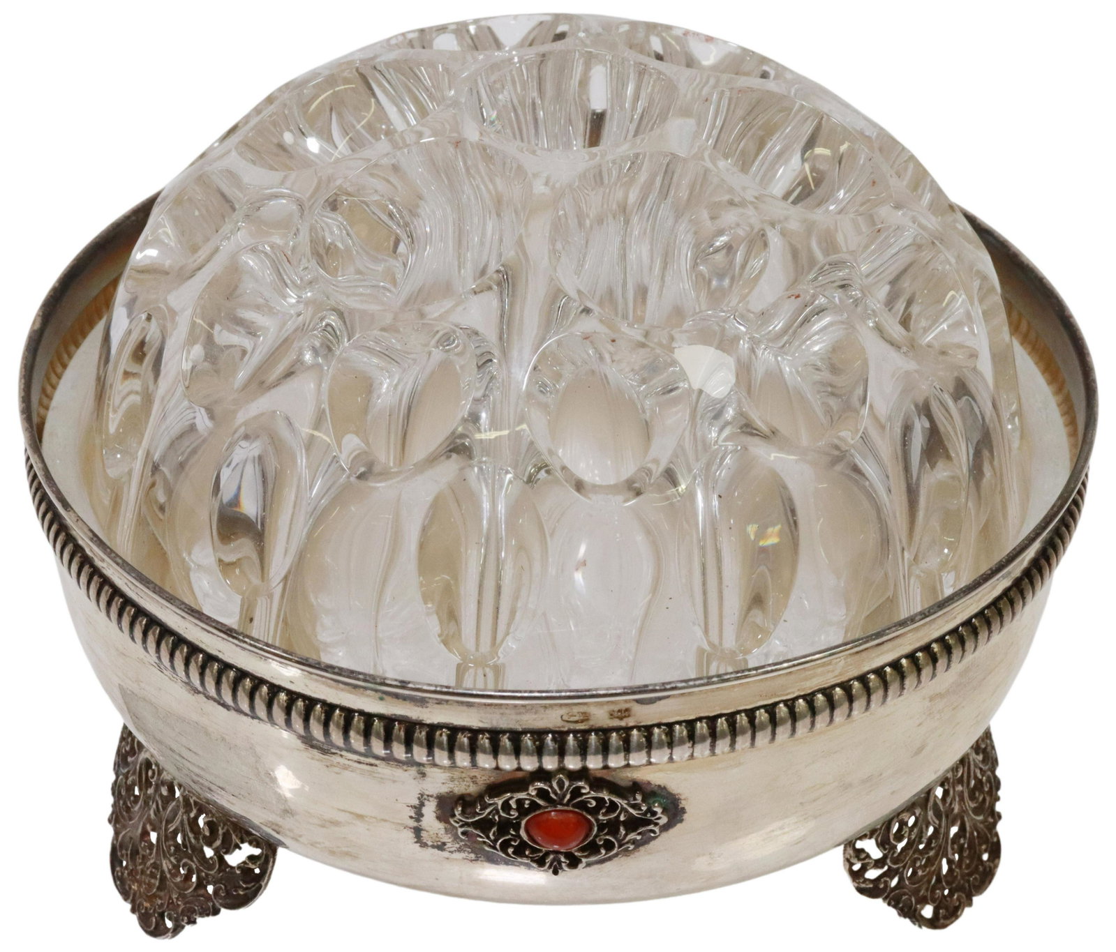 GLASS FLOWER FROG IN ITALIAN 800 SILVER FRAME: French molded glass flower frog, set in an Italian 800 silver frame, with red cabochons, rising on pierced scroll feet, lozenge hallmark 3 PA for Pietro Formusa, Palermo, approx 4"h, 5.25"diam, 96 gra