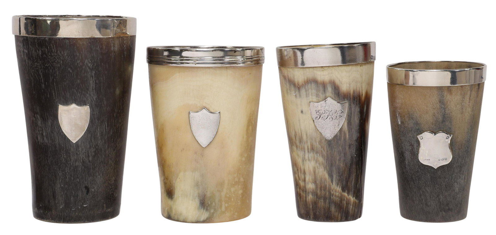 (4) BRITISH STERLING-MOUNTED HORN DRINKING CUPS: (lot of 4) British sterling-mounted horn drinking cups, including: (1) Atkin Brothers, c.1899, shield-form cartouche with engraved monogram RHC, Sheffield hallmarks, splits to side of horn, (1) Robert