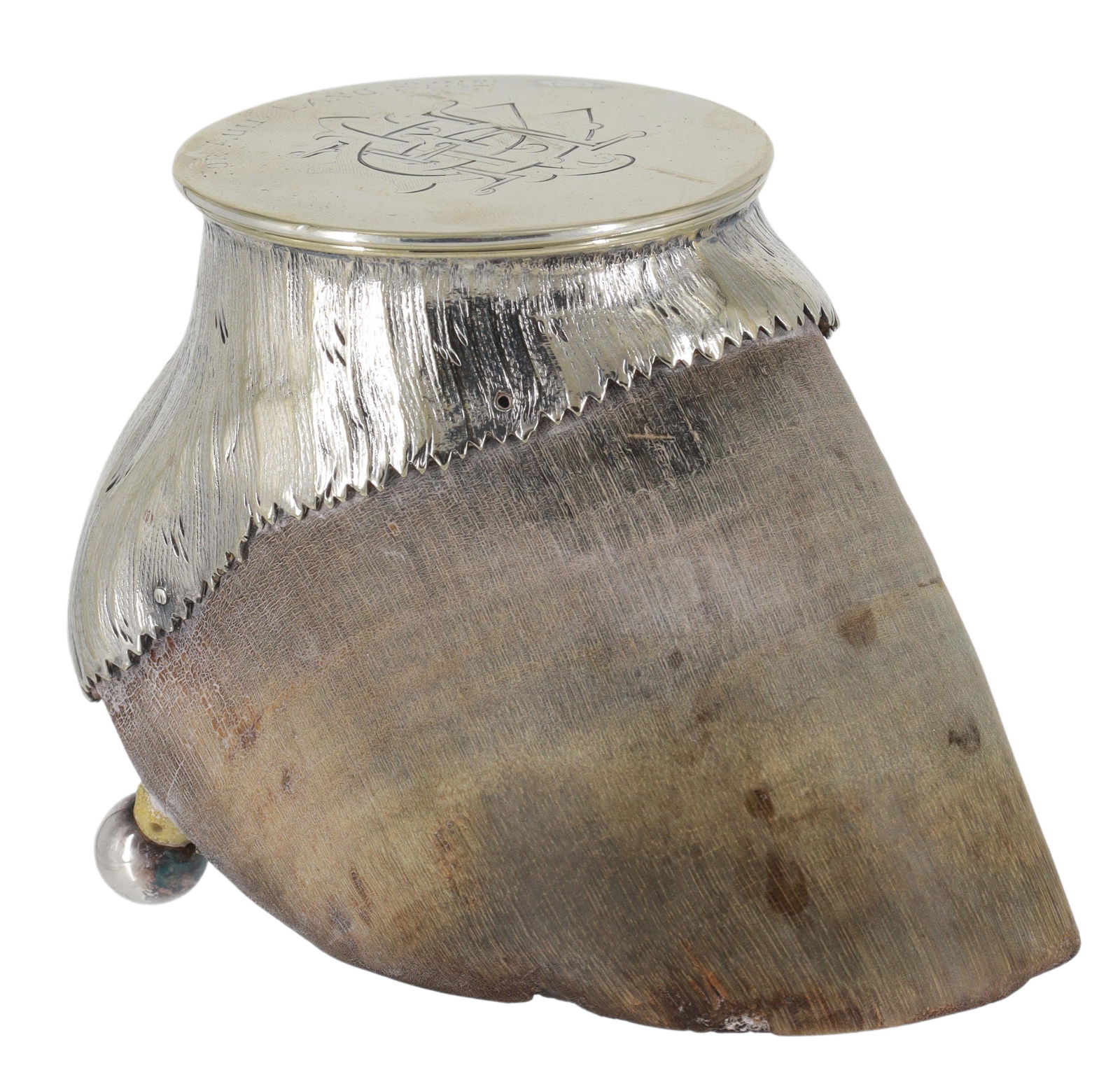 ENGLISH SILVERPLATE-MOUNTED HOOF INKWELL: English hoof inkwell in silverplate mount, hinged lid engraved "For Auld Lang Syne" above interlaced monogram, retaining glass insert, (one) ball foot glued, approx 3"h, 2.75"w, 4"d, 1lbs (for shippin