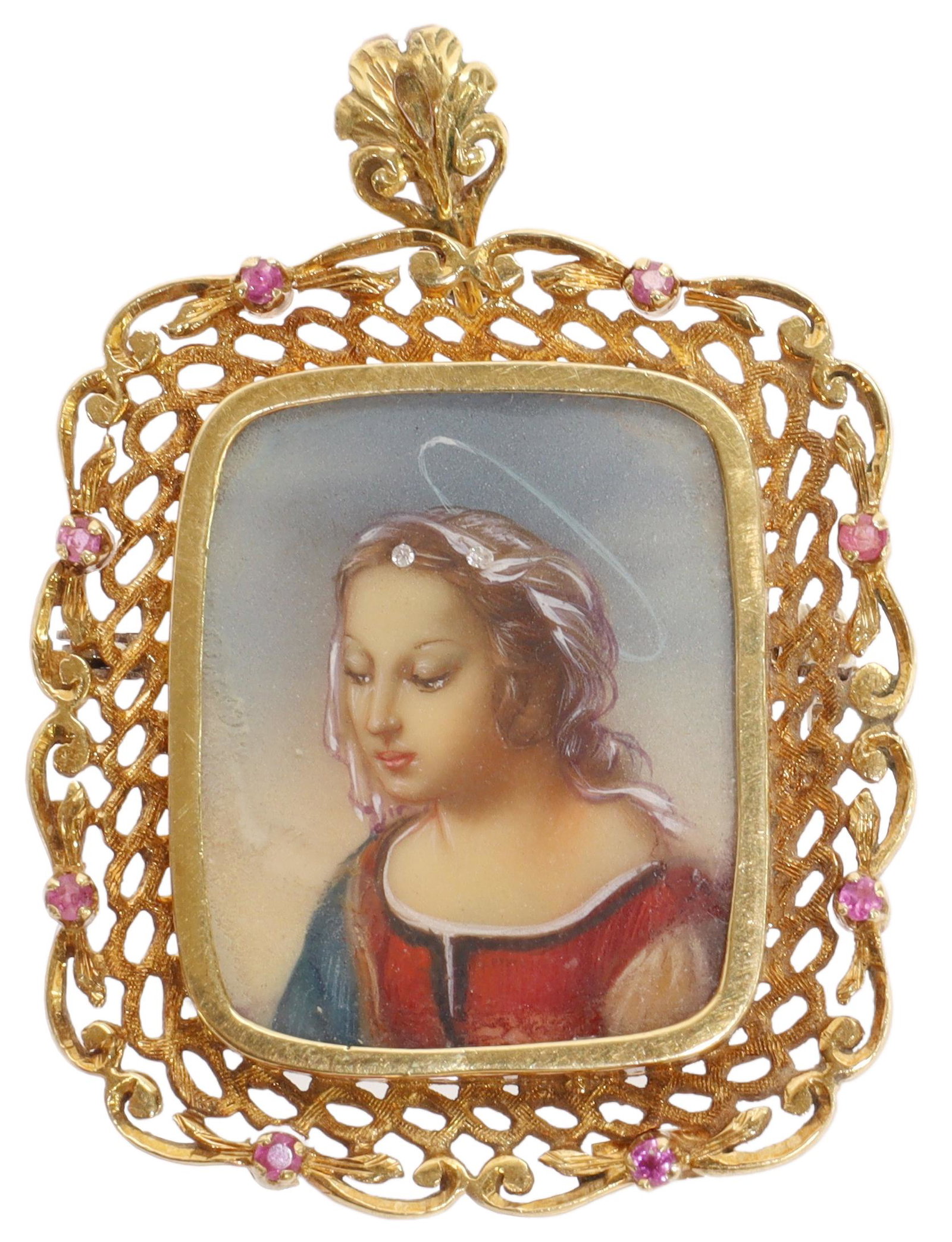ESTATE ITALIAN 18K GOLD MADONNA PENDANT BROOCH: Estate Italian 18kt yellow gold pendant brooch, painted miniature of the Madonna after Raphael (Raffaello Sanzio da Urbino, Italian, 1483-1520), with two white gemstones in her hair, pierced frame set