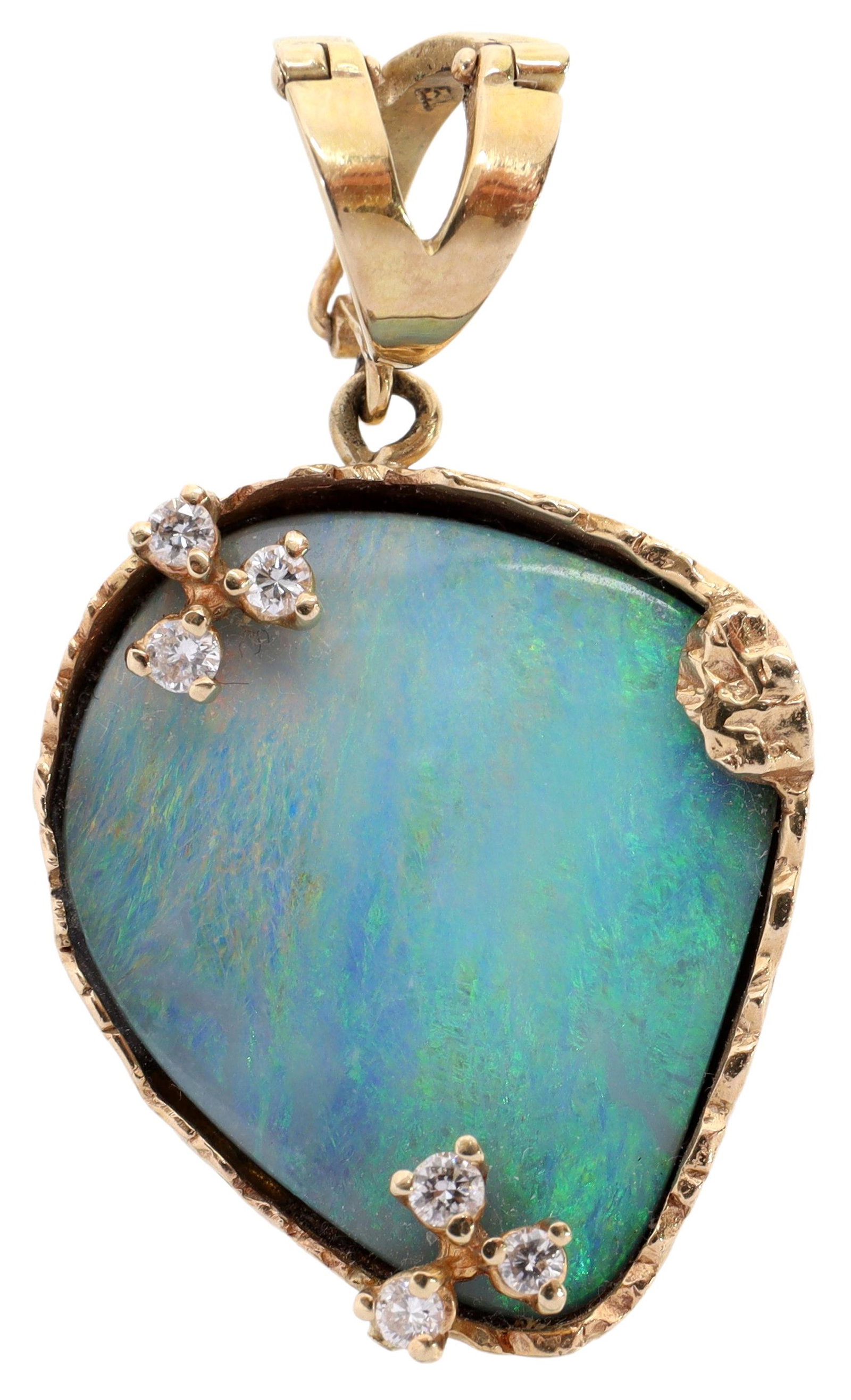 ESTATE 14KT GOLD, OPAL DOUBLET & DIAMOND PENDANT: Estate 14kt yellow gold, opal and diamond pendant, stamped 14kt gold hinged bail, on a textured 14kt (tested, etched mark) bezel, centered by an opal doublet, accented by six small round diamonds, pen