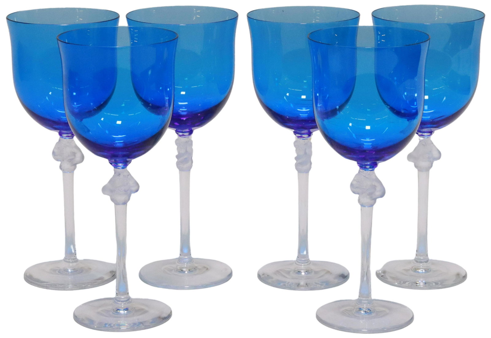 (6) FRENCH LALIQUE 'ROXANE' BURGUNDY WINE GLASSES: (lot of 6) French Lalique art glass burgundy wine stems, in the "Roxane" pattern, with blue bowl, engraved signature Lalique France, housed in original fitted box, each glass: approx 7.5"h, 3"diam, bo