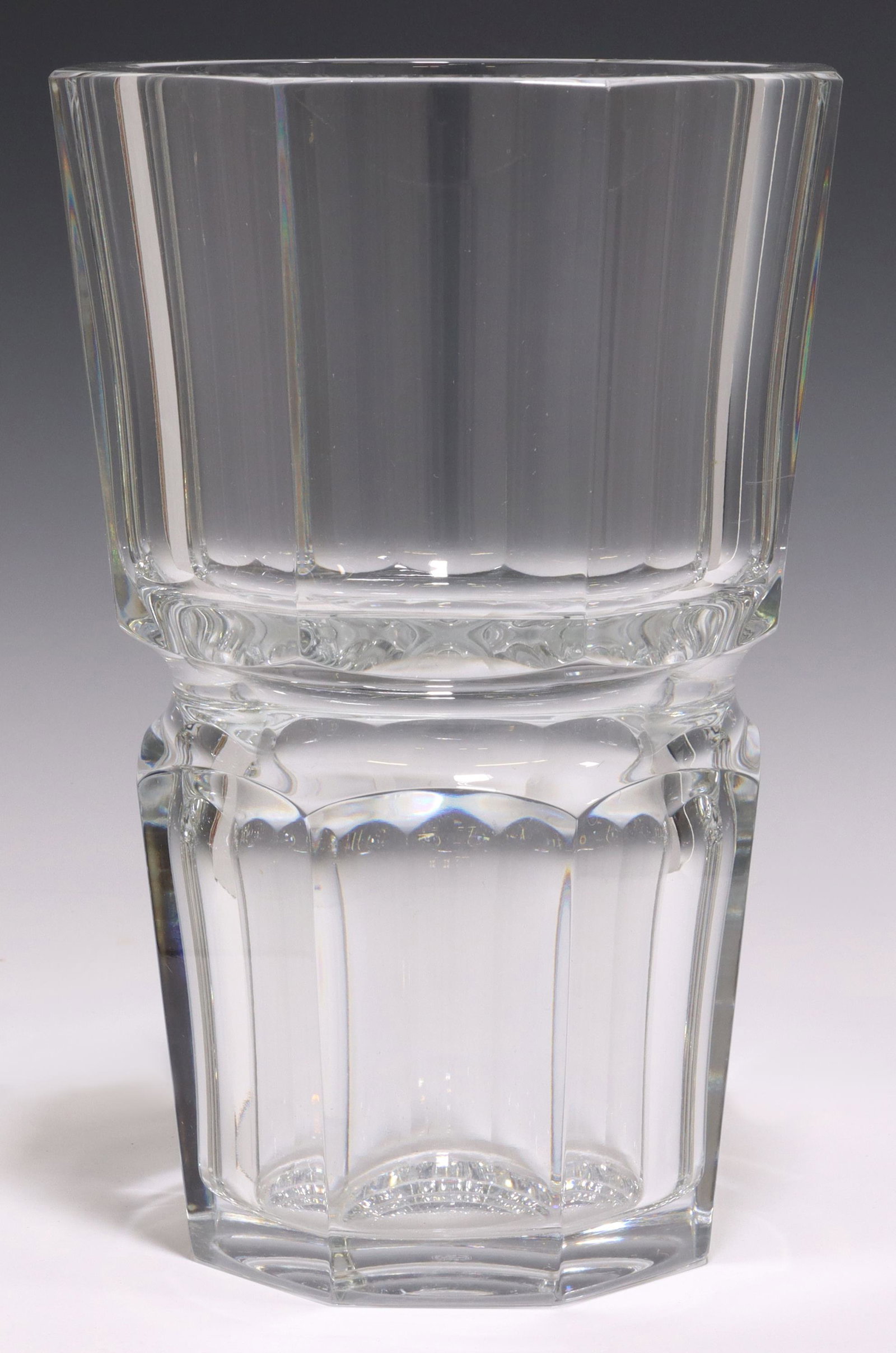LARGE FRENCH BACCARAT 'EDITH' CRYSTAL FLOWER VASE: French Baccarat crystal flower vase, in the "Edith" pattern, with paneled sides, acid-etched marks at side and underfoot, small chip to one bottom edge corner, approx 11.75"h, 8.25"diam, 19.25lbs Star