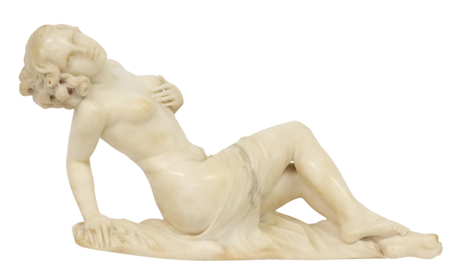 CARVED ALABASTER RECLINING NUDE SCULPTURE: Alabaster sculpture depicting a partially nude woman in a semi-reclining position, unsigned, approx 9.25"h, 14.5"w, 4.5"w, 12.25lbs Start Price: $150.00