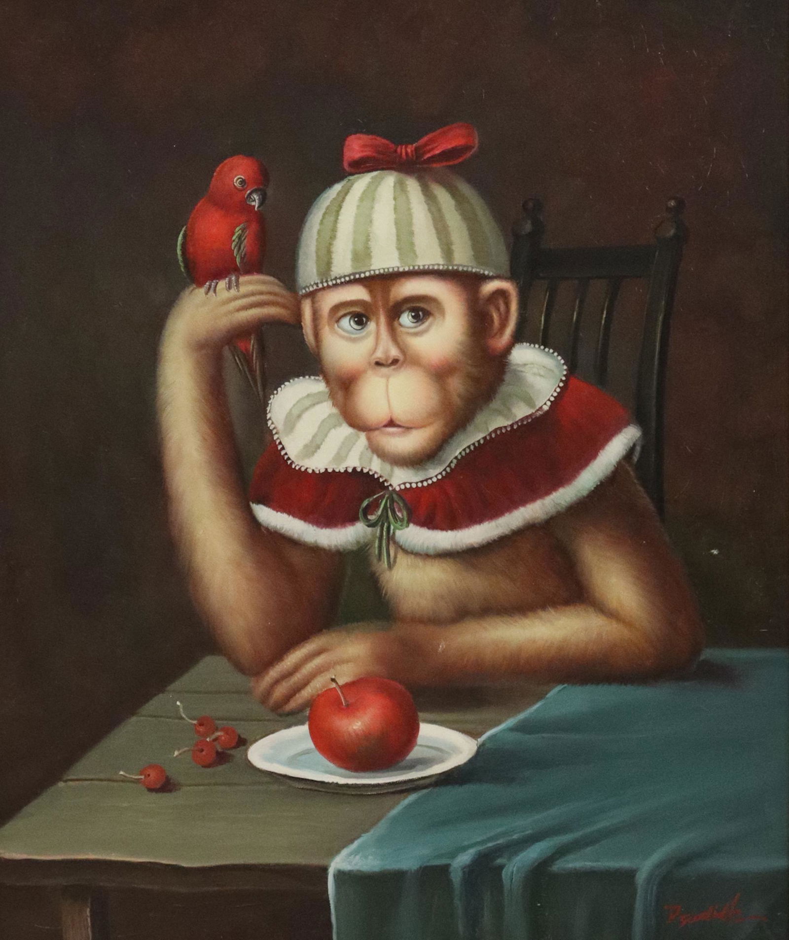 DONALD ROLLER WILSON STYLE MONKEY PORTRAIT: Framed oil on canvas painting, Monkey with Parrot and Apple, in the manner of Donald Roller Wilson (American, b.1938), signed lower right P. Judith (20th c.), sight: approx 23.5"h, 19.5"w, overall: 34