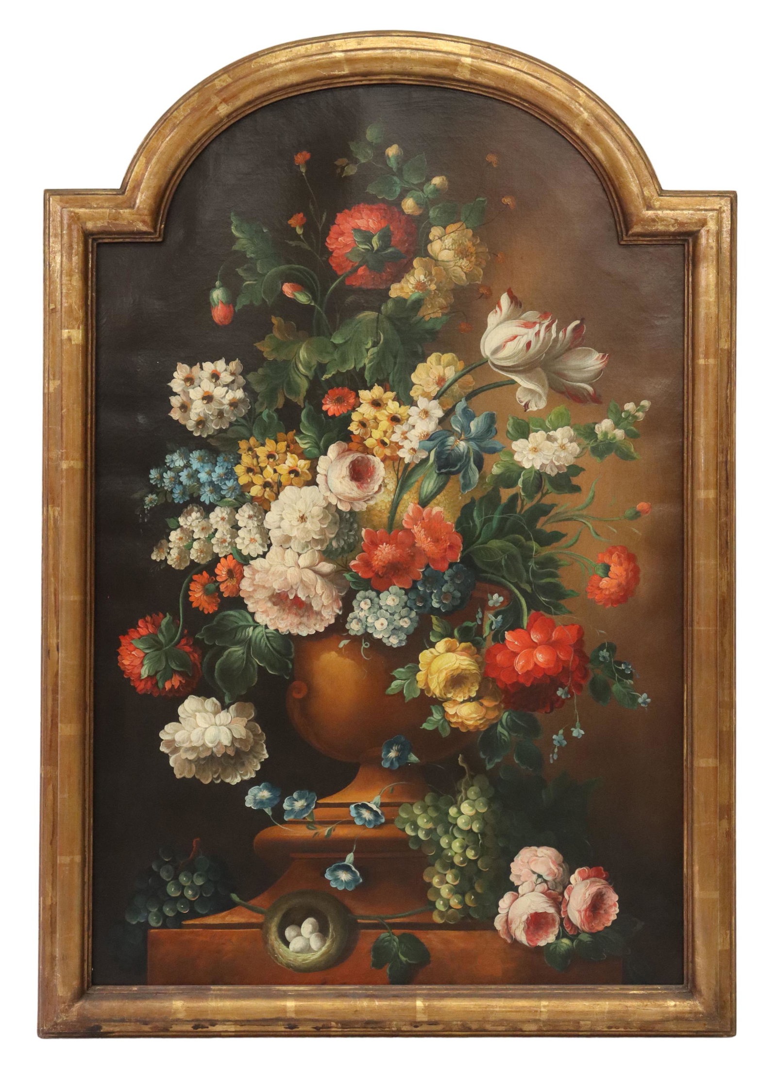 AFTER JAN VAN HUYSUM PAINTING STILL LIFE FLOWERS: Framed oil on canvas painting, Still Life of Flowers in a Terracotta Vase, after Jan van Huysum (Dutch, 1682-1749), signed lower left Maria (?), sight: approx 40.5"h, 26.5"w, overall: 45.75"h, 31.5"w,