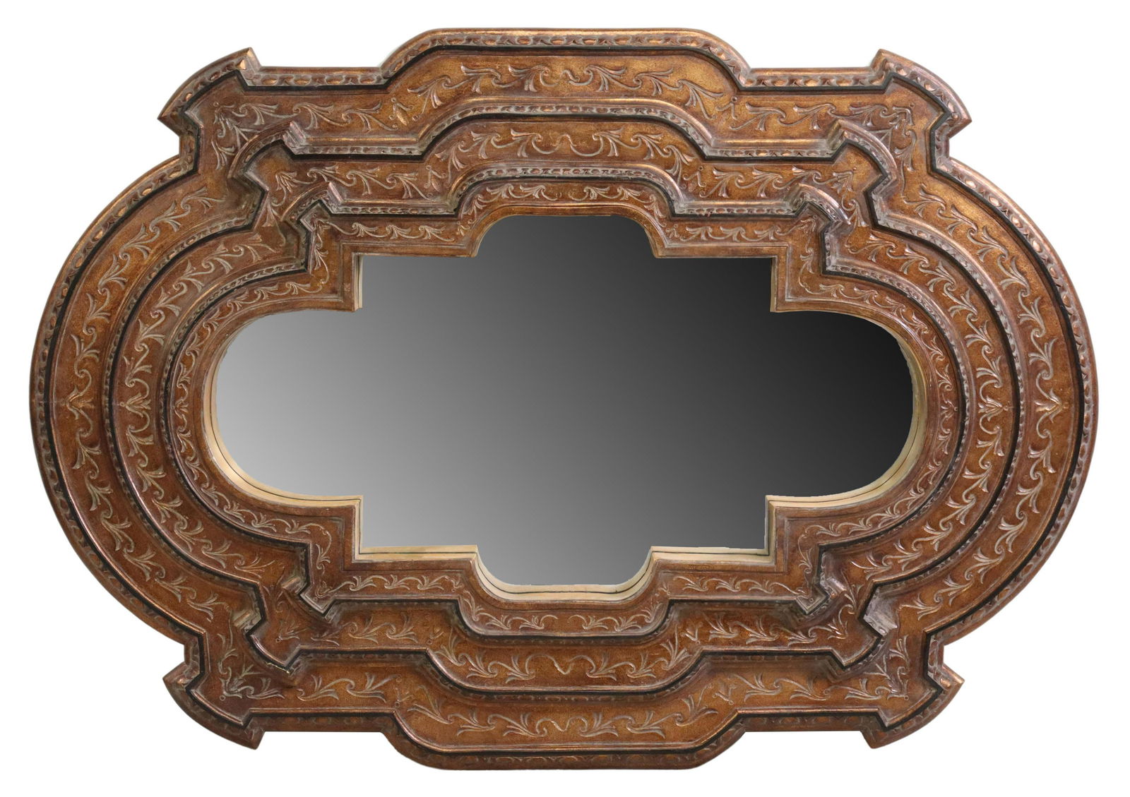 JOHN RICHARD GILT PAINTED STEPPED WALL MIRROR: Painted wall mirror, John Richard, in a copper-tone finish, having stepped and molded frame with scrolled foliate motifs, encasing flat mirror plate, approx 42"h, 60"w, 38.6lbs Start Price: $200.00