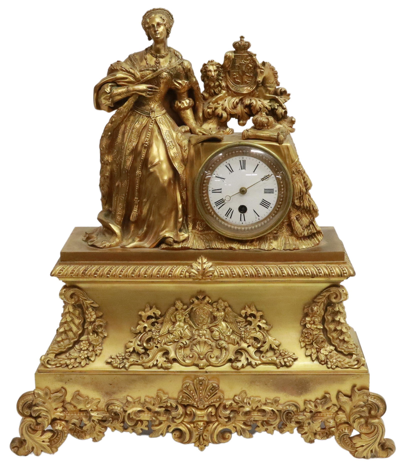 FRENCH GILT METAL FIGURAL MANTEL SHELF CLOCK: French gilt metal figural shelf clock, mid 19th c., noblewoman in Renaissance style dress, flanked by coat of arms of the United Kingdom, over white enamel dial, Roman numeral hour markers, time-only 