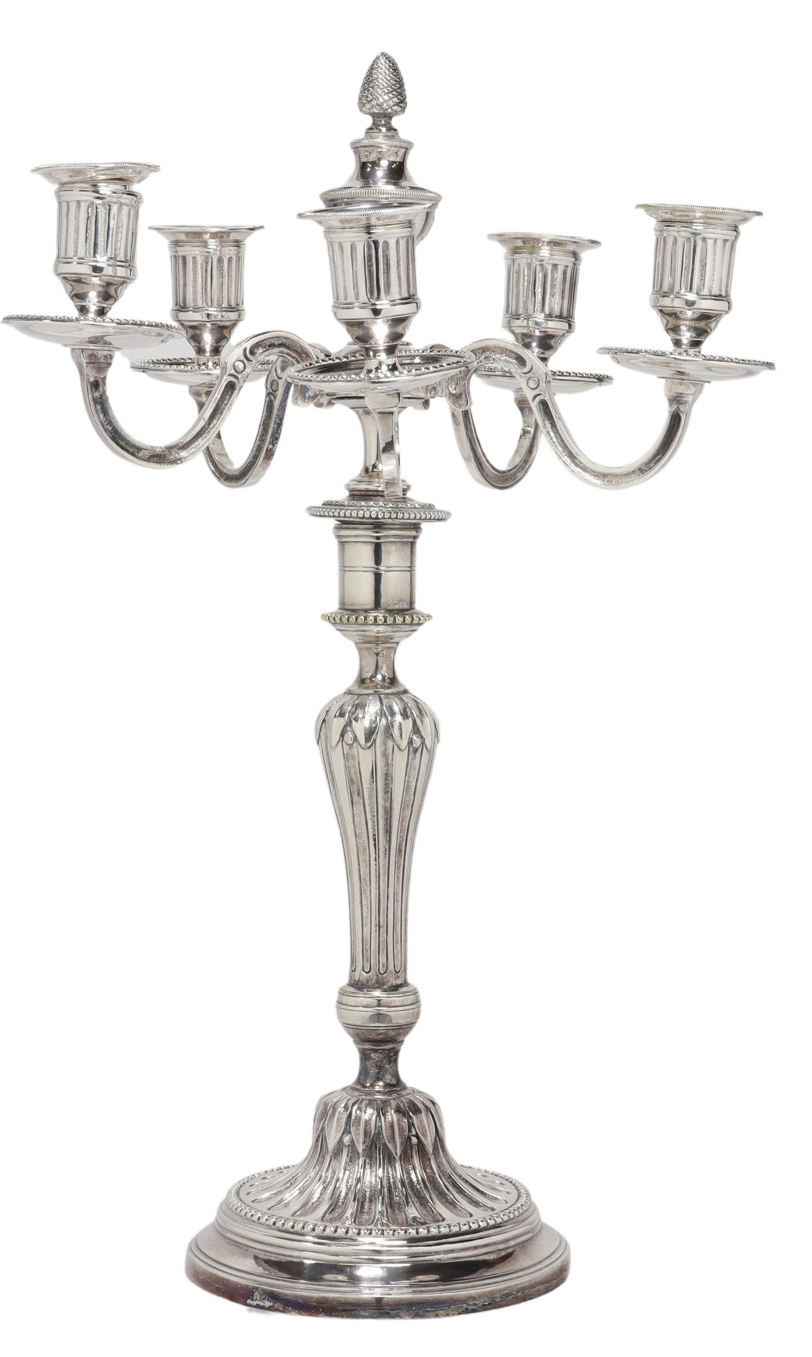 NEOCLASSICAL SILVERPLATE FIVE-LIGHT CANDELABRUM: Neoclassical silverplate candelabrum, five candle sockets with removable nozzles, s-scroll arms, fluted standard, on a domed foot with beaded trim, approx 16.5"h, 10"diam, 4lbs (for shipping purposes 