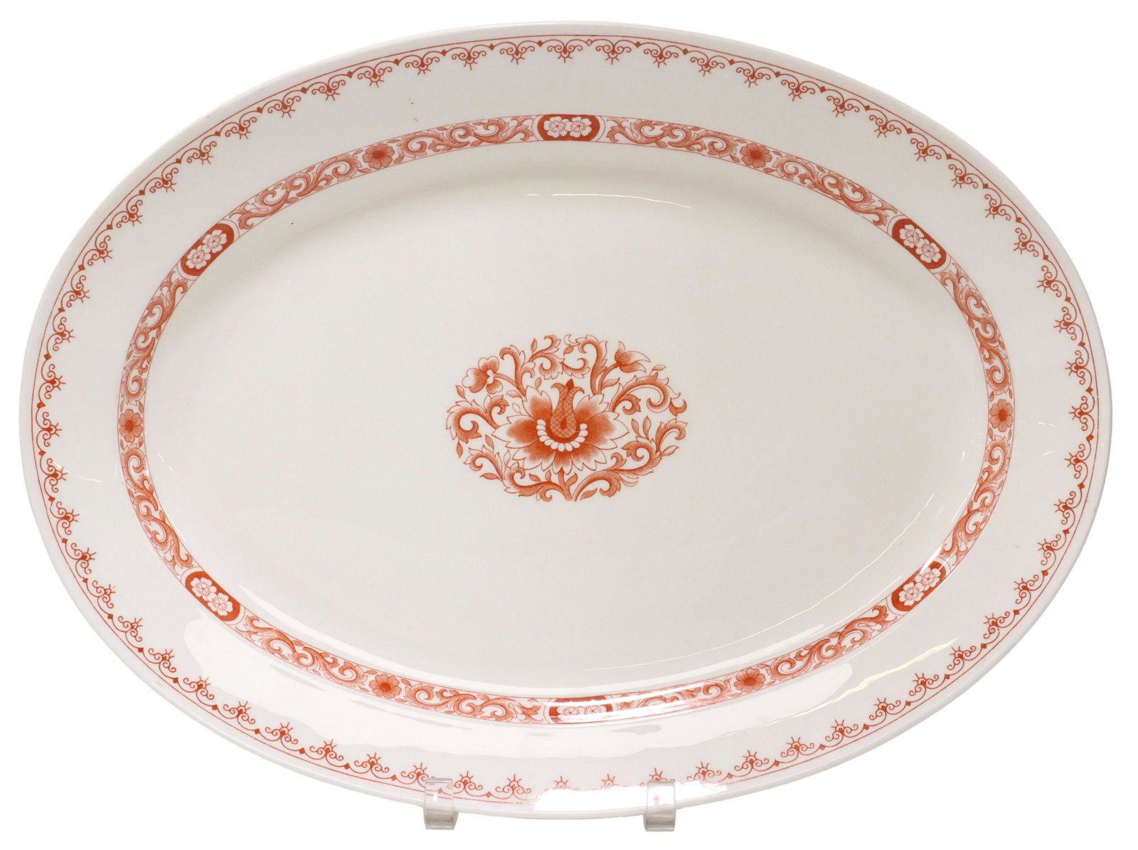 ENGLISH MINTONS 'GANGES' OVAL SERVING PLATTER: English porcelain oval serving platter, Mintons, in the "Ganges" pattern, late 19th c., with iron red transferred design, marked underfoot with English Registry mark, impressed date cypher, approx 19.