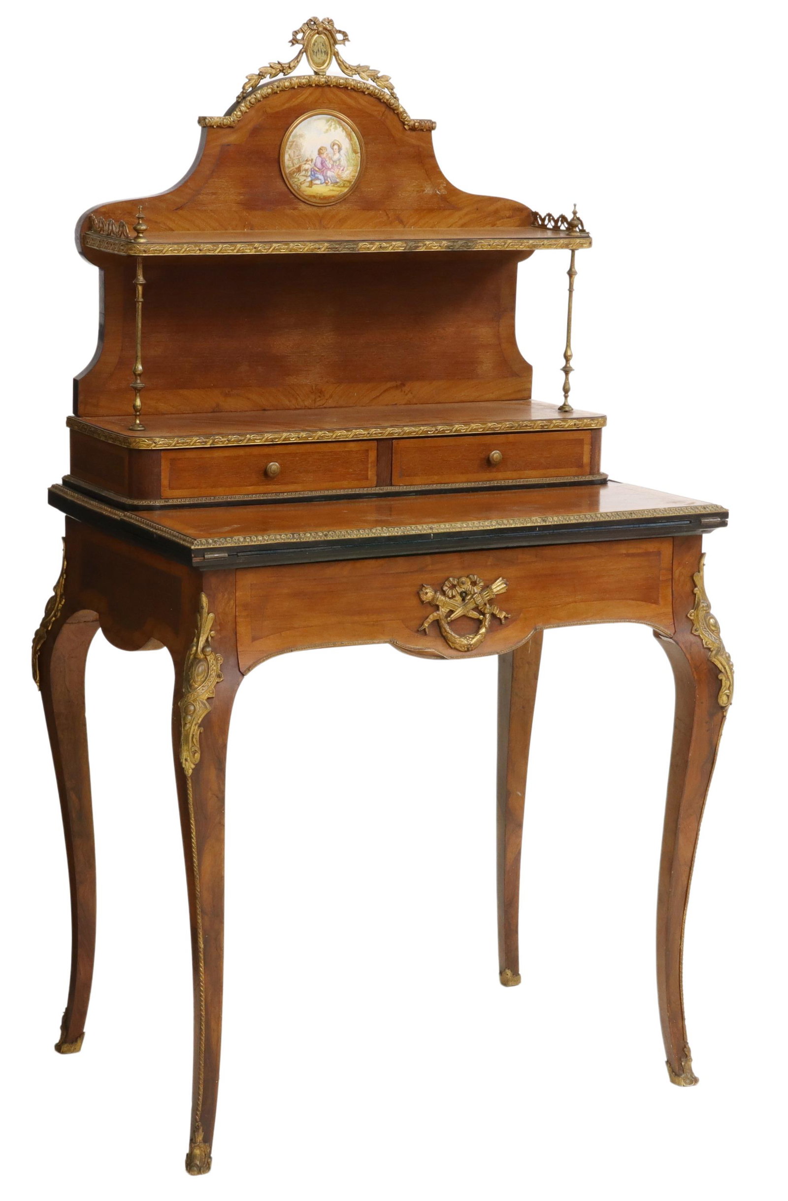 FRENCH LOUIS XV STYLE BONHEUR DU JOUR: French Louis XV style lady's writing desk, late 19th c., gilt metal crest with monogram, over Rococo style plaque, open shelves, two small drawers, hinged writing surface, over frieze drawer, rising o