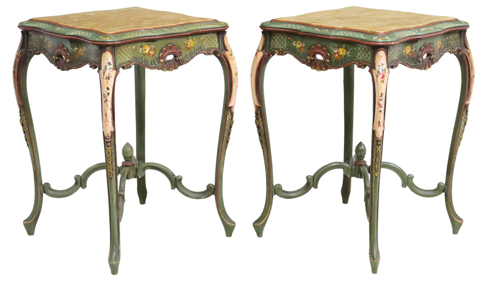 (2) LOUIS XV STYLE PAINTED MARBLE-TOP SIDE TABLES: (pair) Louis XV style paint-decorated side tables, 20th c., having inset marble top, over floral and polychrome painted frame, rising on cabriole legs, joined with X-form center stretcher, approx 29.5