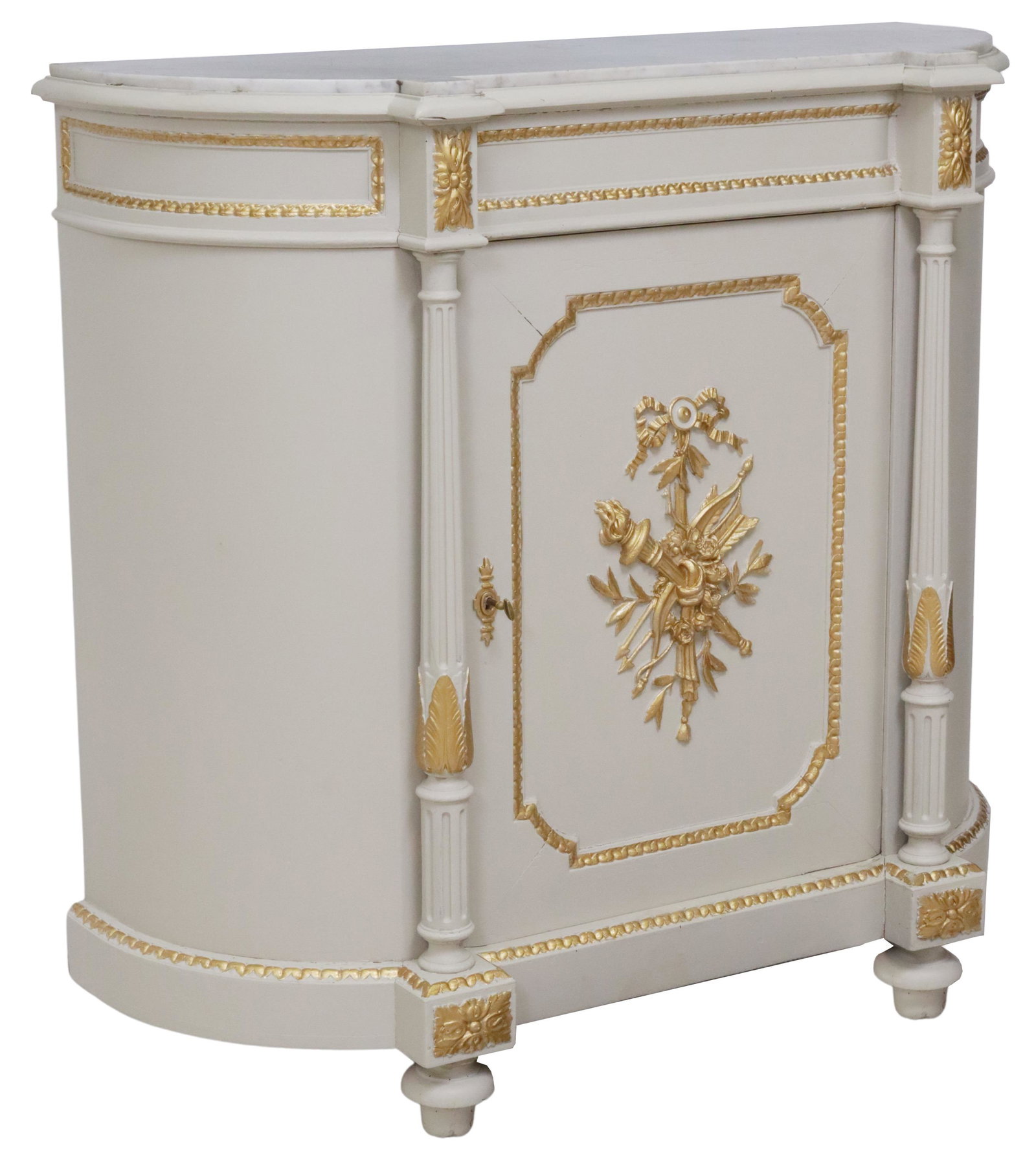 FRENCH LOUIS XVI STYLE PAINTED DEMILUNE SIDEBOARD: French Louis XVI style demilune server/ sideboard, early 20th c., in a later parcel gilt and painted finish, inset marble top, single cabinet door with torch and bow pendant, interior shelves, rising 