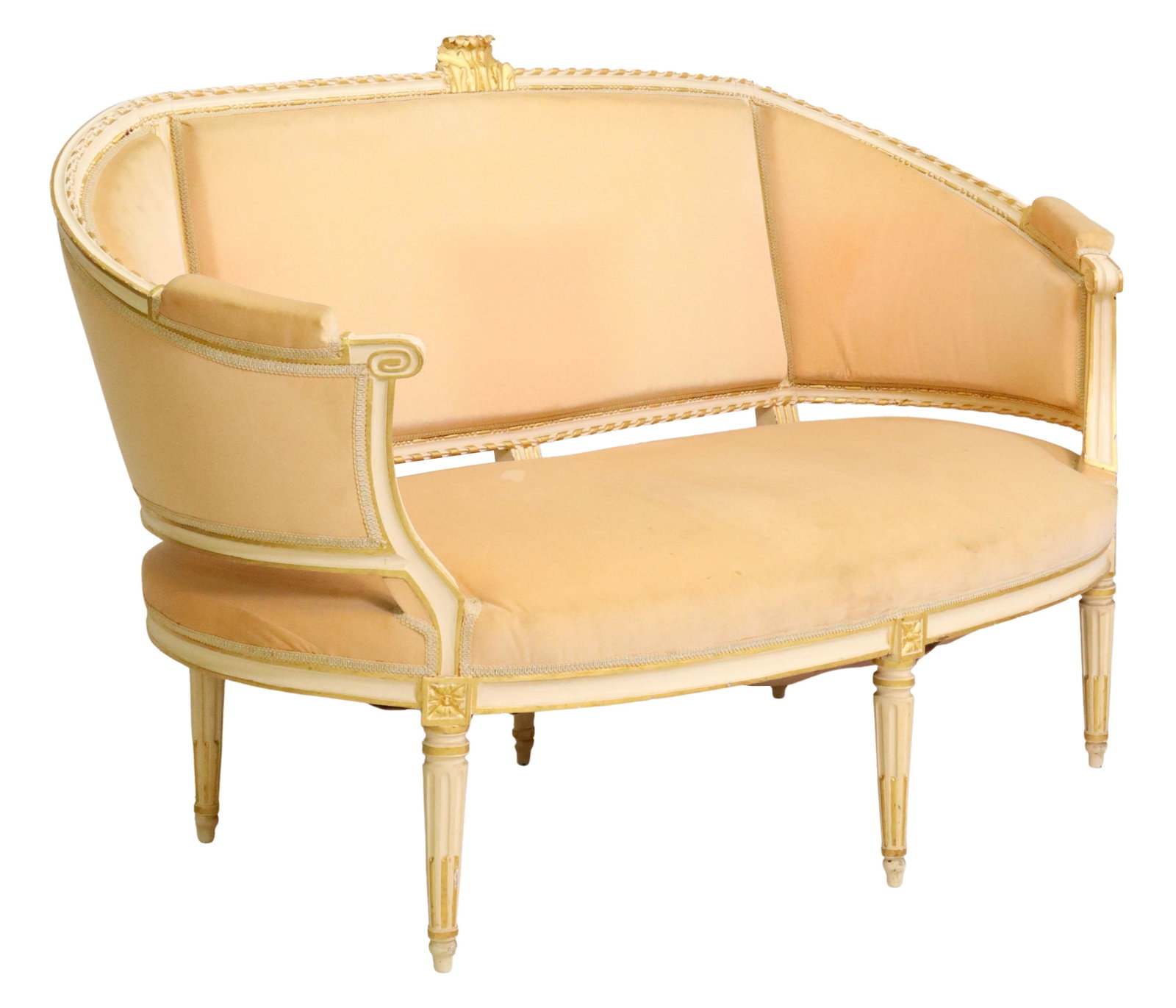 FRENCH LOUIS XVI STYLE UPHOLSTERED SALON SETTEE: French Louis XVI style painted salon settee/ sofa, early 20th c., having scrolled foliate crest, parcel gilt frame, continuous back and arms, scrolled handholds, in peach velvet upholstery, rising on 