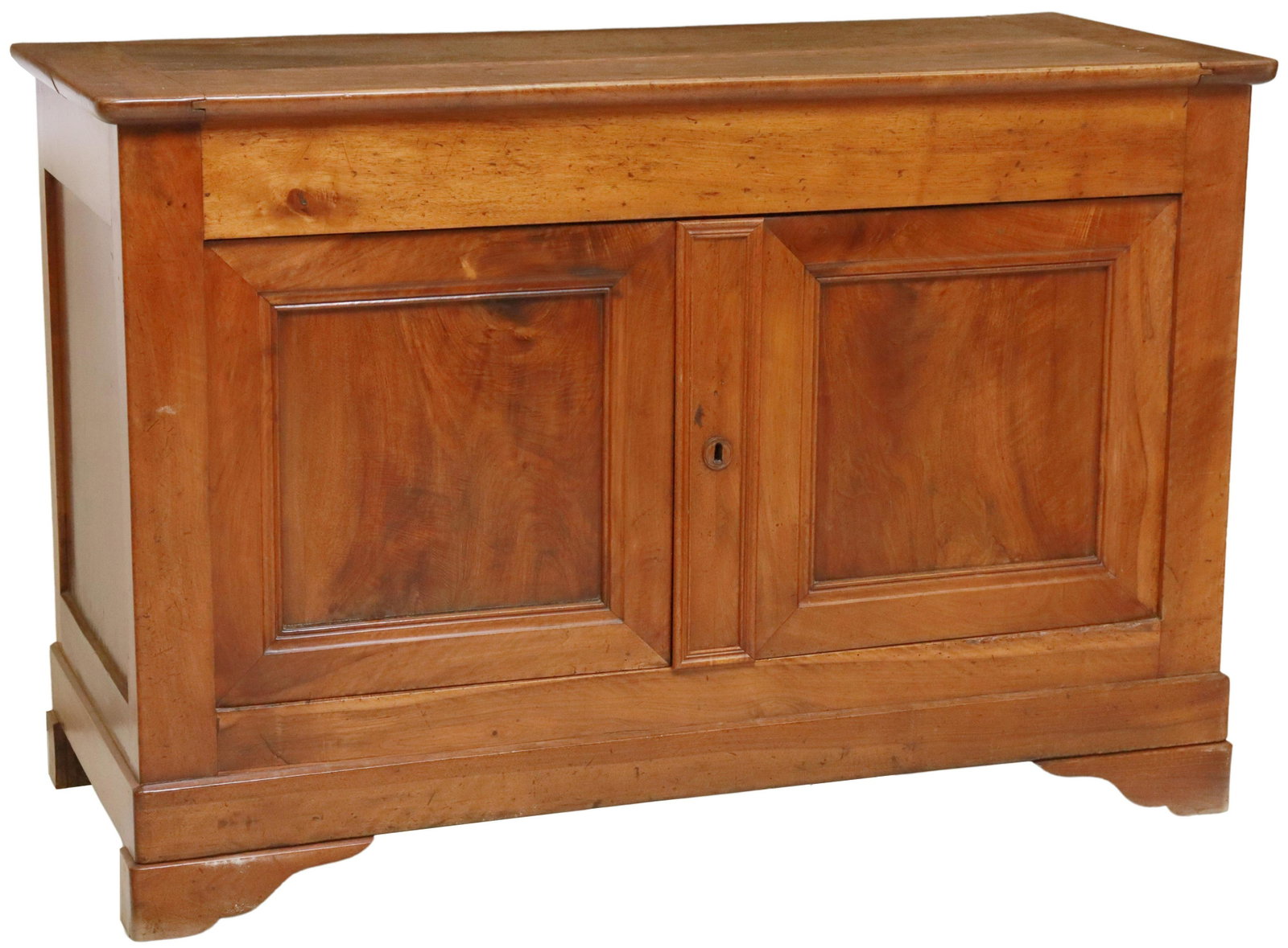 FRENCH LOUIS PHILIPPE PERIOD BURLWOOD SIDEBOARD: French Louis Philippe period burlwood sideboard, mid 19th c., double-door cabinet, opening to shelved interior, rising on bracket feet, approx 35.75"h, 53.25"w, 22.75"d Start Price: $400.00