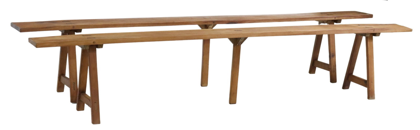 (2) FRENCH PROVINCIAL PINE BENCHES, 99.5"L: (lot of 2) French Provincial pine benches, slightly varied in size, having single plank seat, visible mortise and tenon joins, rising on A-frame supports, largest: approx 18"h, 99.5"l, 8.25"w Start Pr