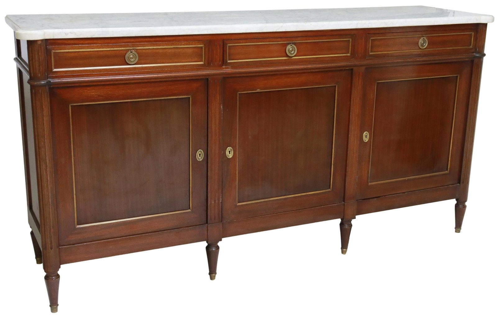 LOUIS XVI STYLE MARBLE-TOP MAHOGANY SIDEBOARD: French Louis XVI style mahogany sideboard, early 20th c., having marble top, case fitted with three top drawers, over three cabinets, opening to shelved interior, rising on tapered legs, ending on cap